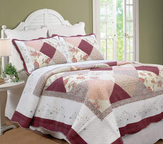 Cozy Line Home Fashions Floral Real Patchwork Burgundy Red Coral Pink Scalloped Edge Country 100% Cotton Quilt Bedding Set, Reversible Coverlet Bedspread (Georgia, Queen - 3 Piece)