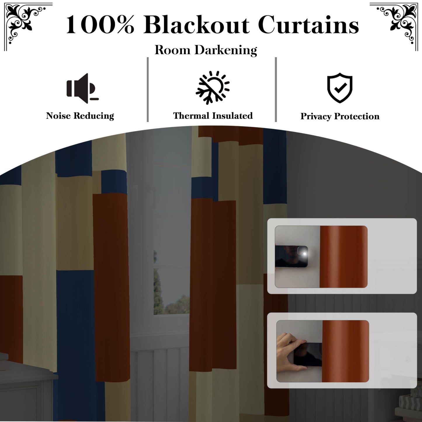 Tyrot Terracotta Blue 100% Blackout Curtains for Bedroom 84 inch Long 2 Panels Set Modern Abstract Geometric Black Out Curtains Insulated Room Darkening Window Drapes for Living Room, 52Wx84L