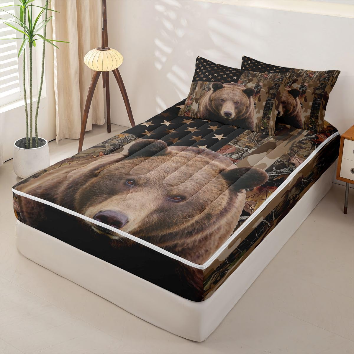 jejeloiu Bear Hunting Camo Zipper Bedding Rustic Western Bear Comforter Set for Kids Boys Girls Twin Size Brown Camouflage Zippered Kids Bedding Set Ultra Soft American Flag Bed in a Bag