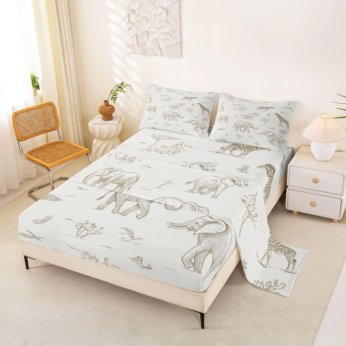 Erosebridal Jungle Animals Sheet Set Full Elephant Lion Giraffe Animal Bed Sheets for Kids Boys Girls Cartoon Kawaii Flat Fitted Sheet Hunter Brown Rust Wildlife Sheets 3 Pcs