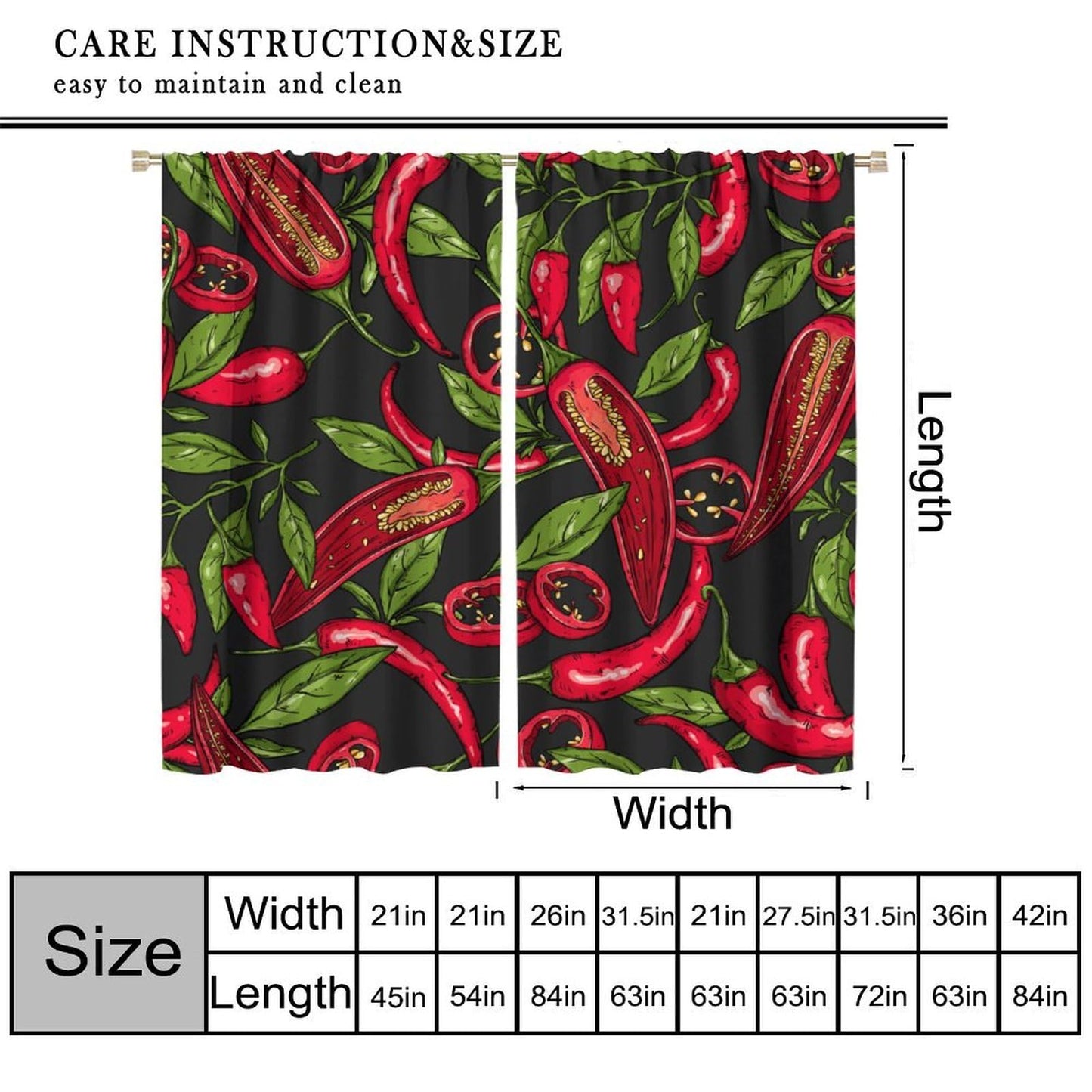BenYaSong Chilli Long Decor Window Curtain，Mexican Hot Slices Halves Pieces Organic Healthy Farm Agriculture Leaf for Home Kitchen Restaurant Decoration Window Curtain 2Panel 42" W X 45" L
