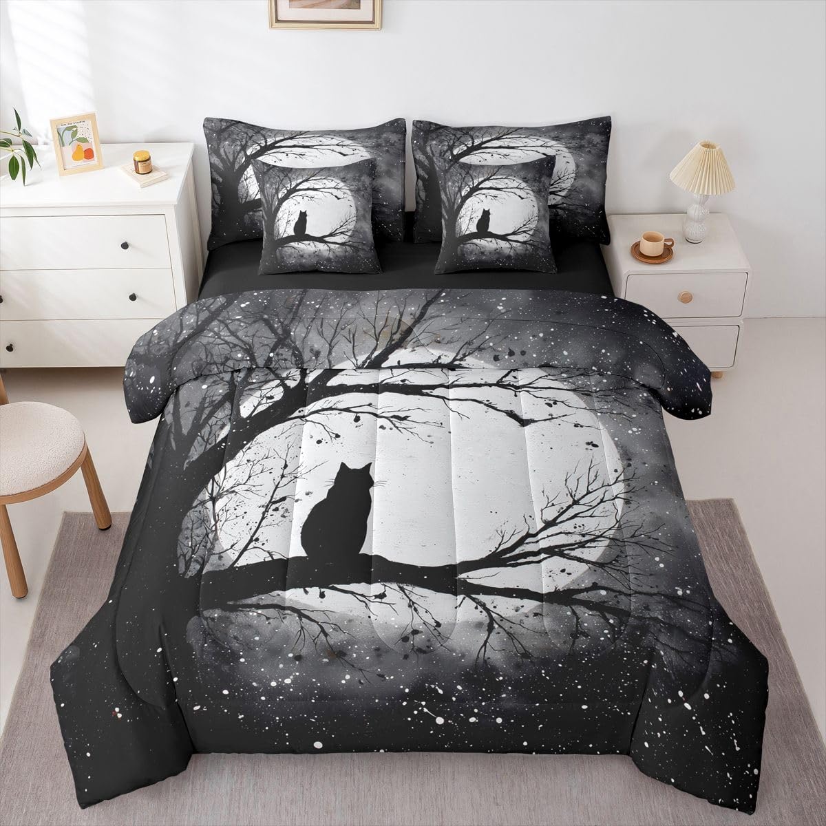 Erosebridal Halloween Black Cat 7-Piece Bedding Set Full Size Gothic Midnight Black Cat Bed in a Bag Midnight Full Moon Comforter Set with Sheets Tree Branches Duvet Insert