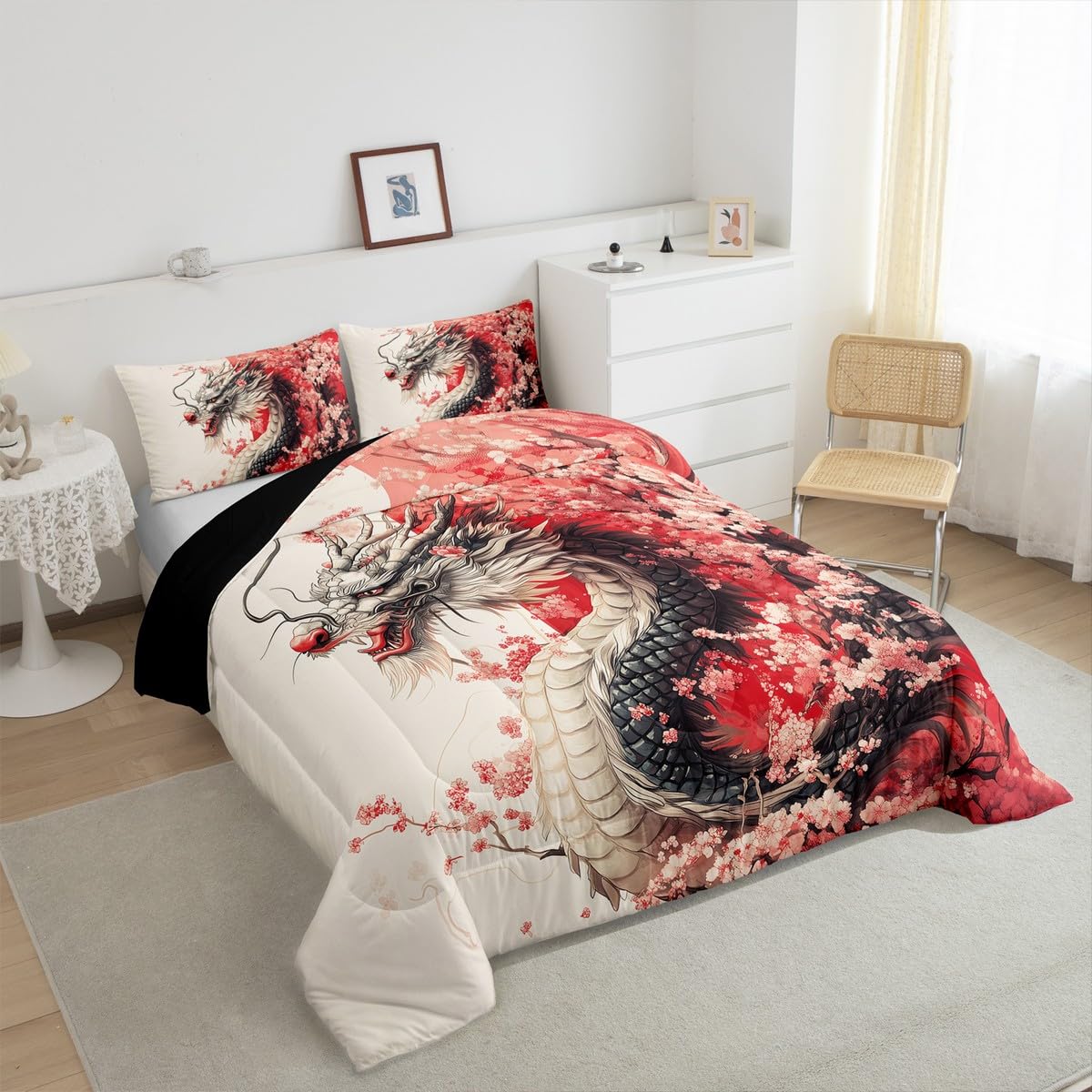 Erosebridal Girls Dragon Comforter Set Full Size, Japanese Style Animal Down Comforter Cherry Blossoms Sakura Bedding Set Ancient Wildlife Quilt for Kids Teens Adult Women Bedroom Decor, Pink