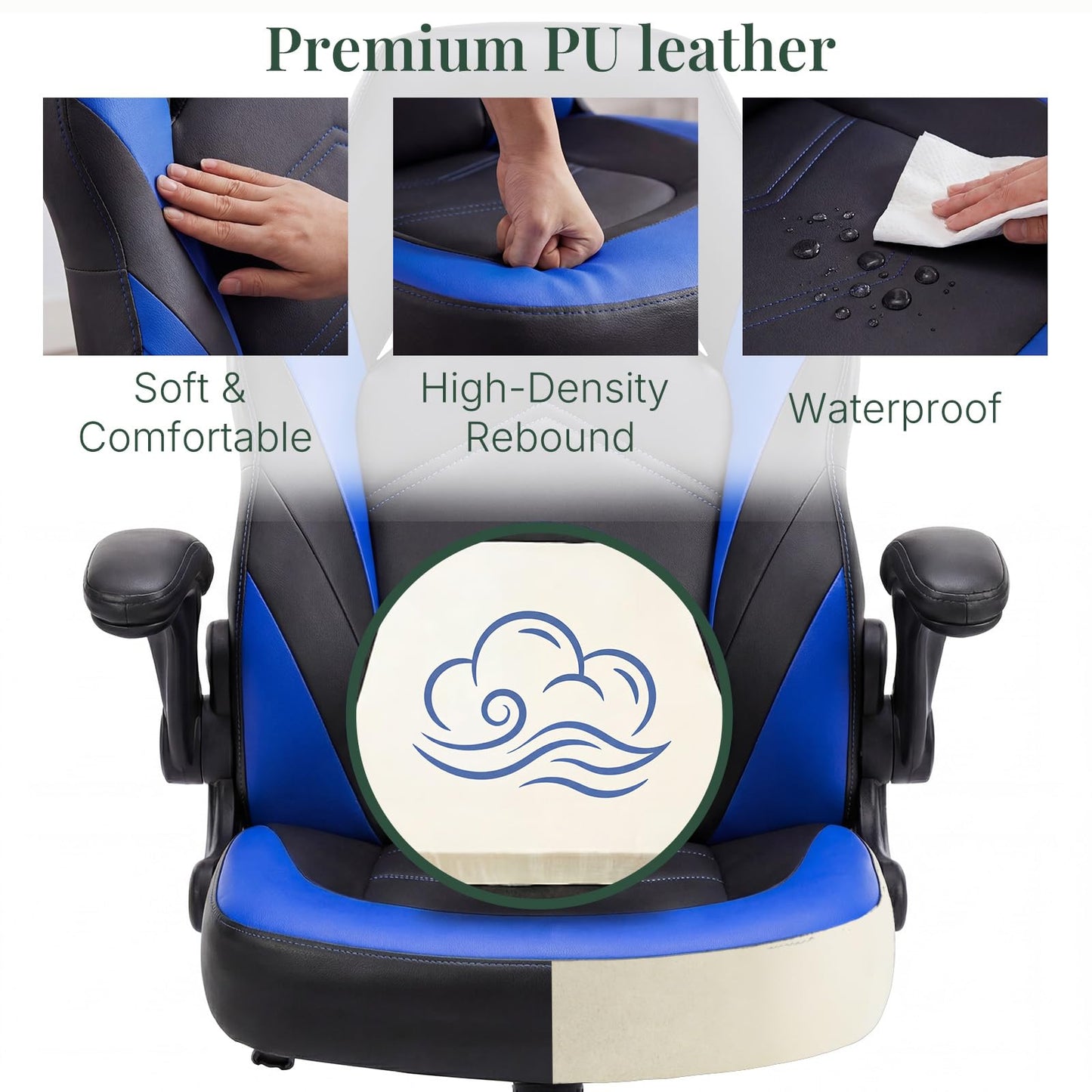HAPPYMONT Ergonomic Computer Gaming Chair - Home Office Desk with PU Leather Lumbar Support, Adjustable Big and Tall Video Game with Flip-up Armrest, Swivel Wheels for Adults and Teens,Black Blue