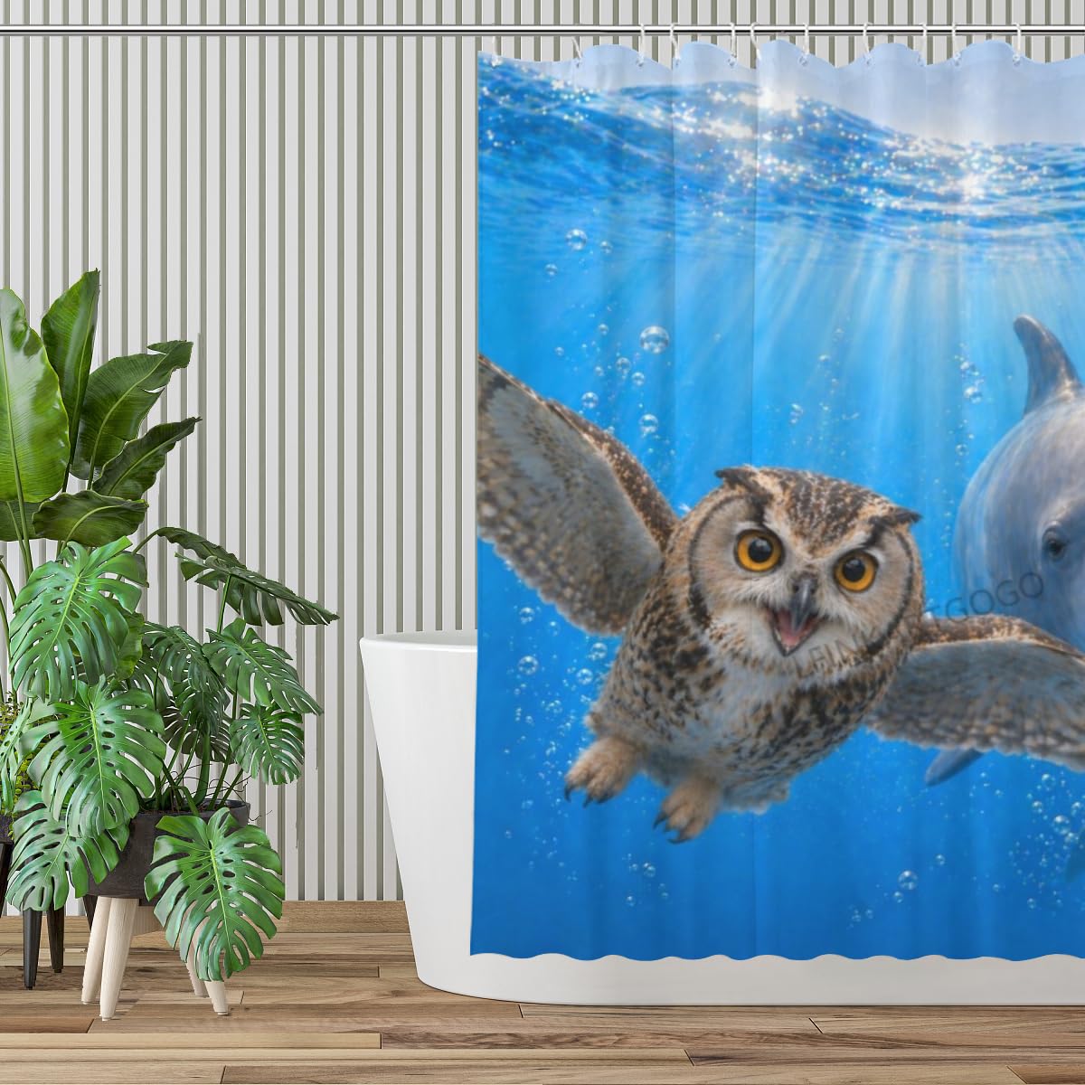 LFINKARTGOGO Ocean Owl Shower Curtain 72x72 with 12 Hooks Underwater Animal Dolphin Waterproof Washable Polyester Bath Curtain for Home Hotel Decor