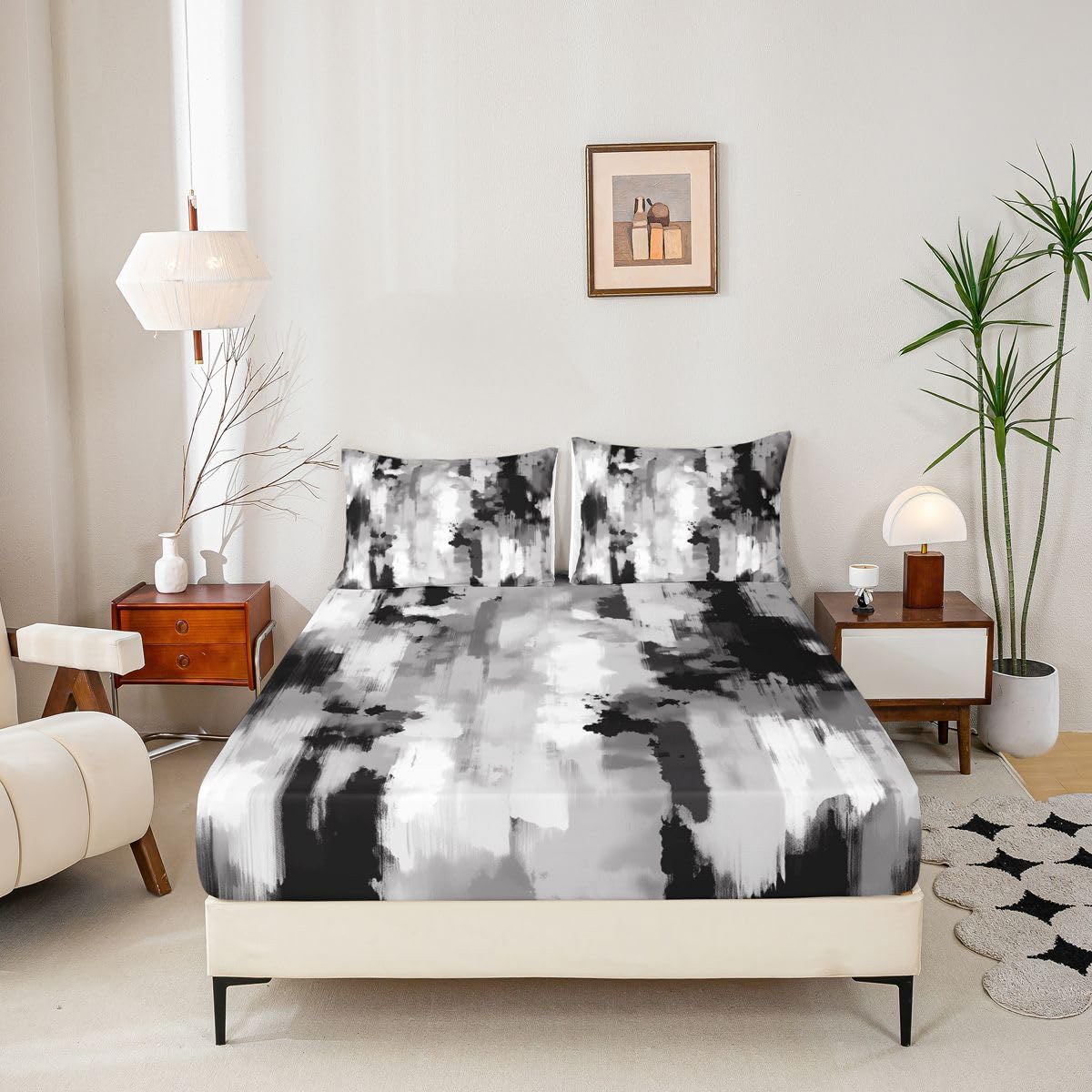 Feelyou Abstract Fitted Sheet Queen Size for Kids Boys Girls Modern Abstract Bed Sheets Set 16" Deep Pocket Soft Breathable Microfiber Blck White Bedding with 2 Pillowcases Room Decor