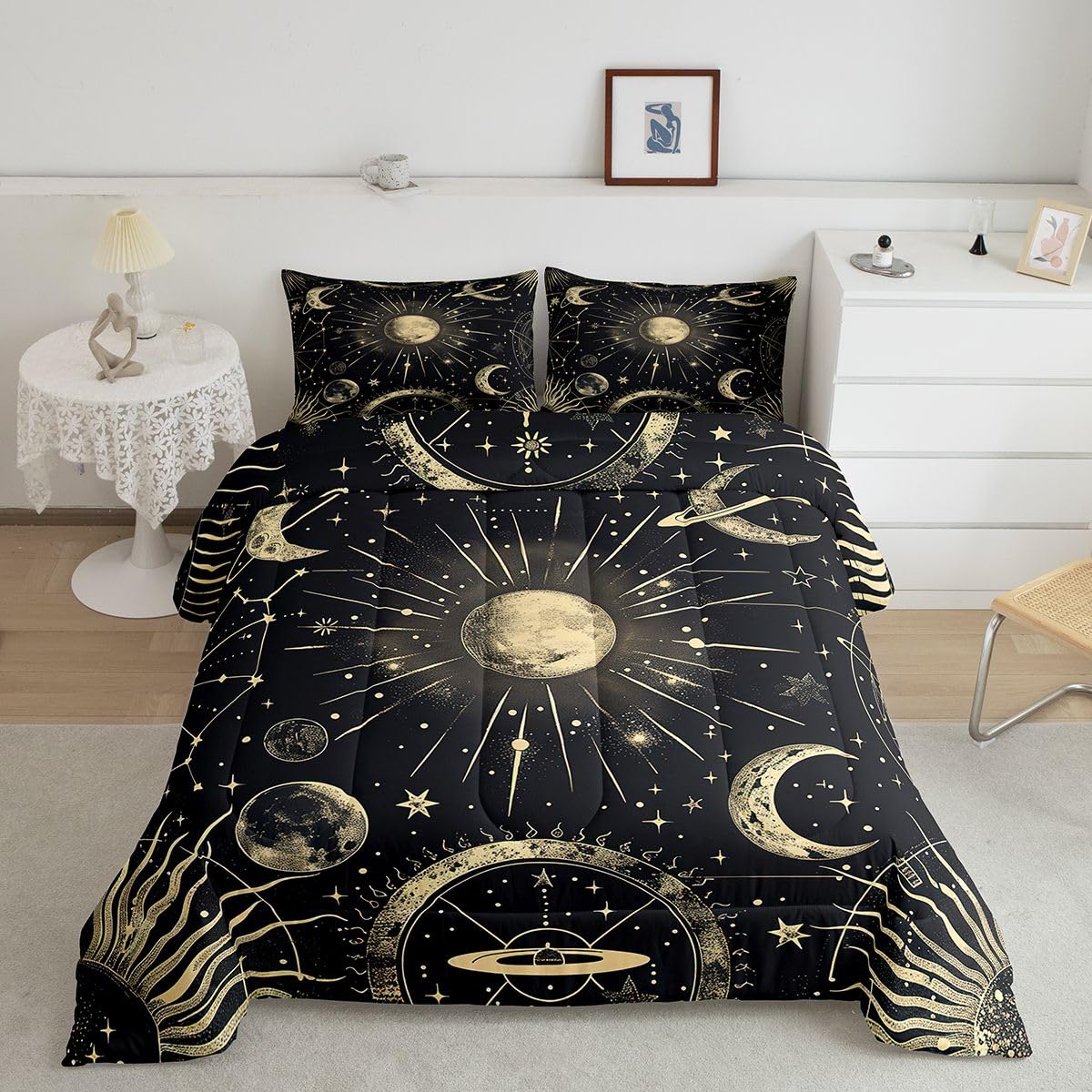 Erosebridal Bohemian Sun Moon Comforter Set, Constellation Down Comforter King Size, Starry Sky Quilted Duvet, Exotic Style Black Room Decor Duvet Insert,Super Soft Breathable Bedding Set
