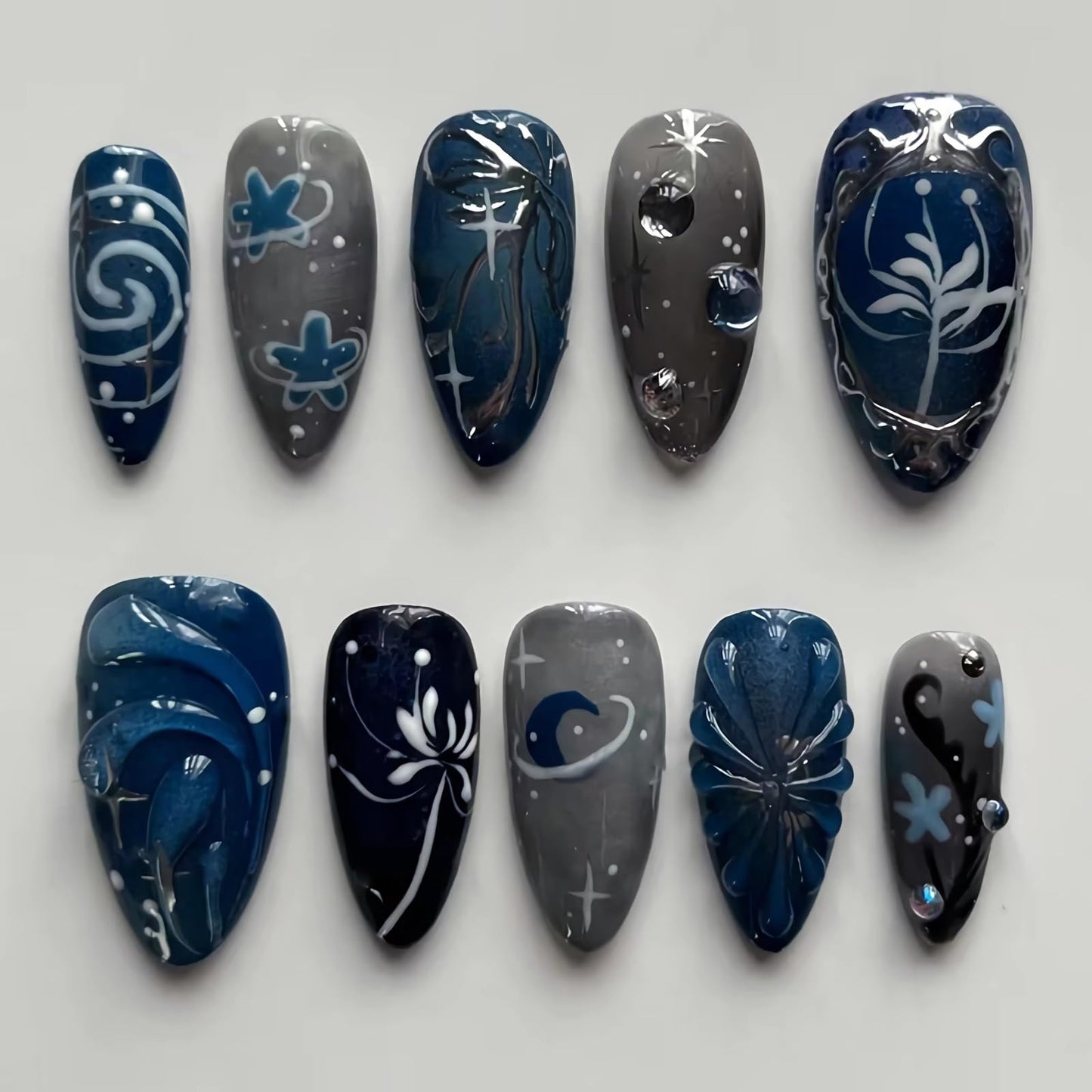 BABALAL Press on Nails Medium Almond Fake Nails Blue Goth Glue ons Silver Chrome Y2k Bow Swirl Design 3D Texture Handmade Supplies Art 24Pcs Glossy Gothic Acrylic Gel False Nails