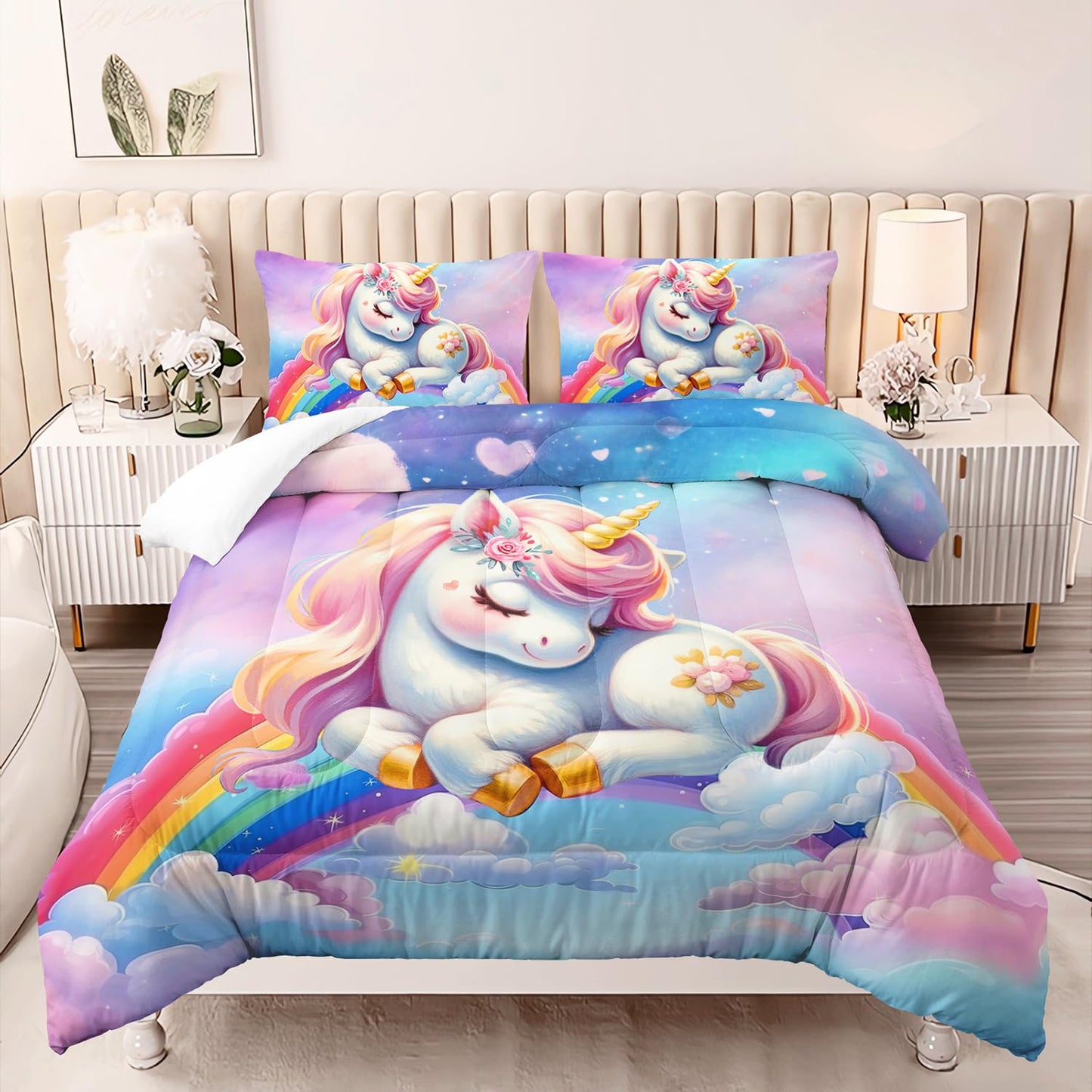 XYNHML Pink Blue Unicorn Comforter 3pcs Full Kids Clouds Rainbow Flowers Quilt Boys Girls Bedding Set Cute Printed Fantasy Room Decor Bed Set with 1 Comforter and 2 Pillowcases