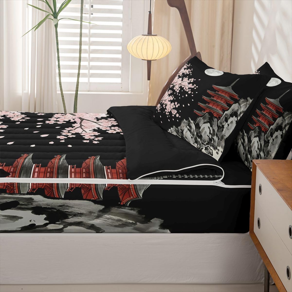 jejeloiu Pink Cherry Zipper Bedding Sets for Kids Boys Girls Japanese Style View Twin Comforter Set with Fitted Sheet Romantic Exotic Bedroom Decor Night Moon Microfiber with 2 Pillow Cases