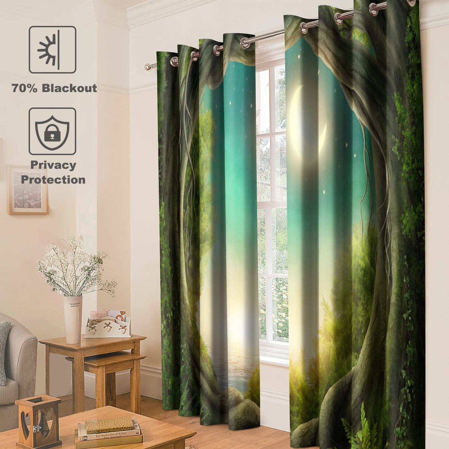 Jekeno Fantasy Forest Blackout Curtains Magic Forest Trees Trunk Bright Moon Stars Theme Print Decor Home Bedroom Living Room Darkening Grommet Window Drapes 2 Panels Set, 52"x84"