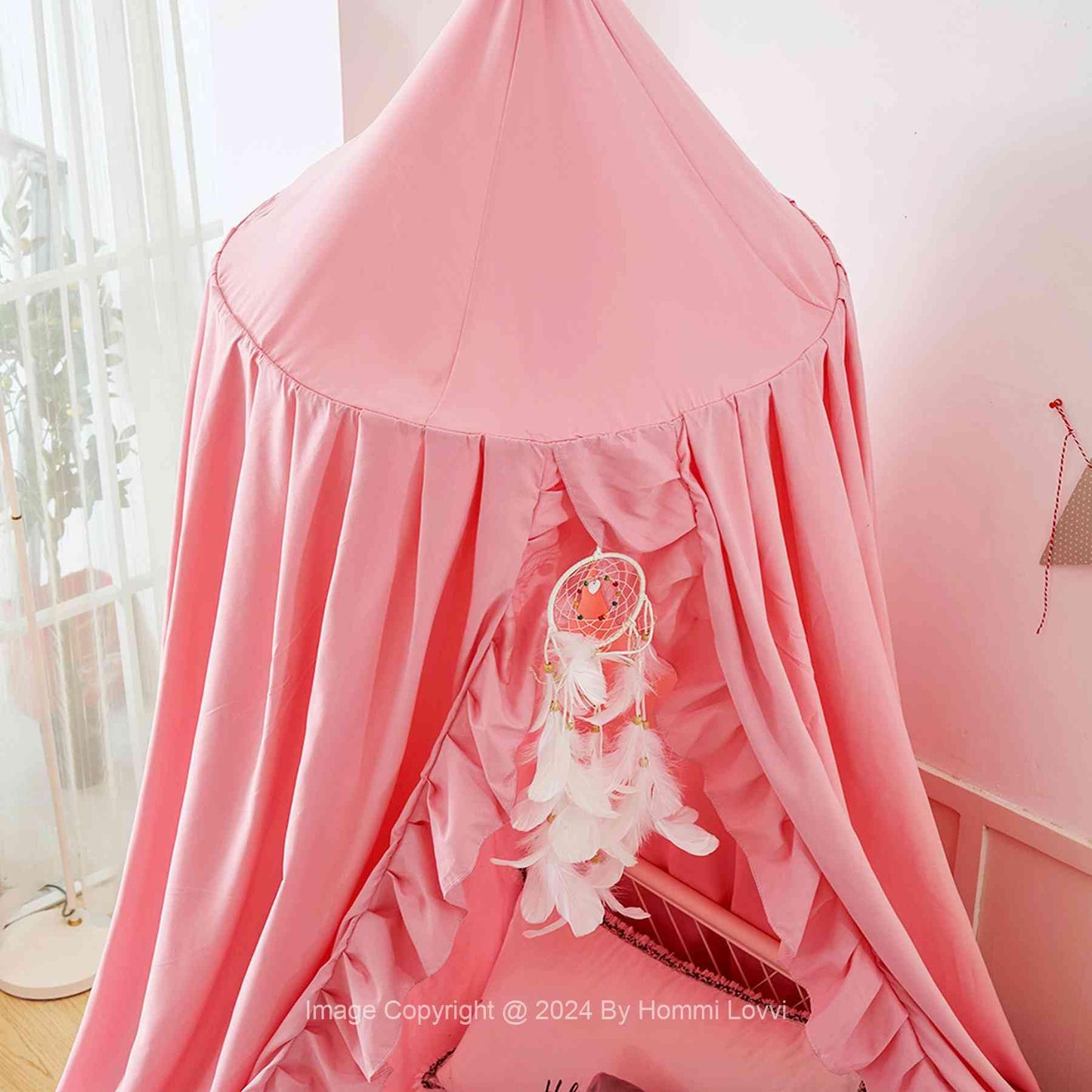 Hommi Lovvi Kids Bed Canopy, Dreamy Frills Canopy for Girls Bedroom Soft Ceiling Hanging Decoration Princess Canopy Net Reading Nook, Extra Large Full Size Bed Canopies with Light - Pink