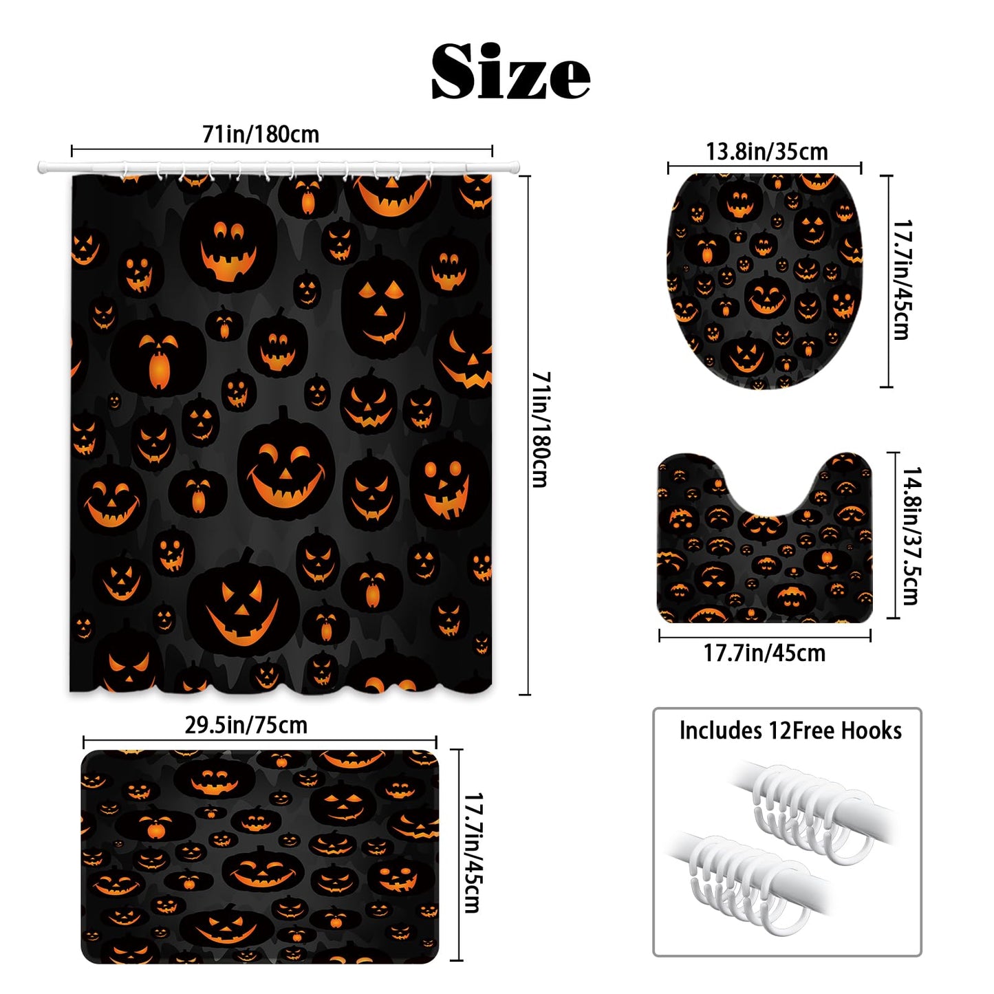 MEHOFOND 4pcs Halloween Pumpkin Shower Curtain Set Evil Pumpkins Shower Curtain Sets Halloween Black Scary Shower Curtain Set for Bathroom Decor with Non-Slip Rugs Toilet Lid Cover and Bath Mat
