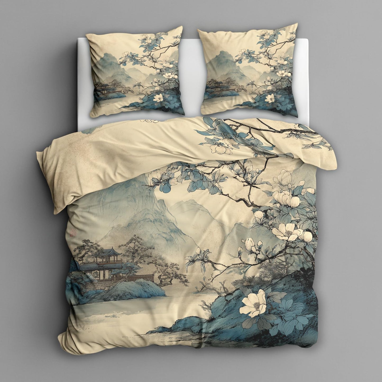 zcwl Asian Landscape Duvet Cover Oversized King Size | Blue Floral Mountain Bedding Set | 3 Piece | Soft Microfiber Patterned Comforter Cover with Zipper Ties & 2 Pillowcases | Oriental Bedroom Decor