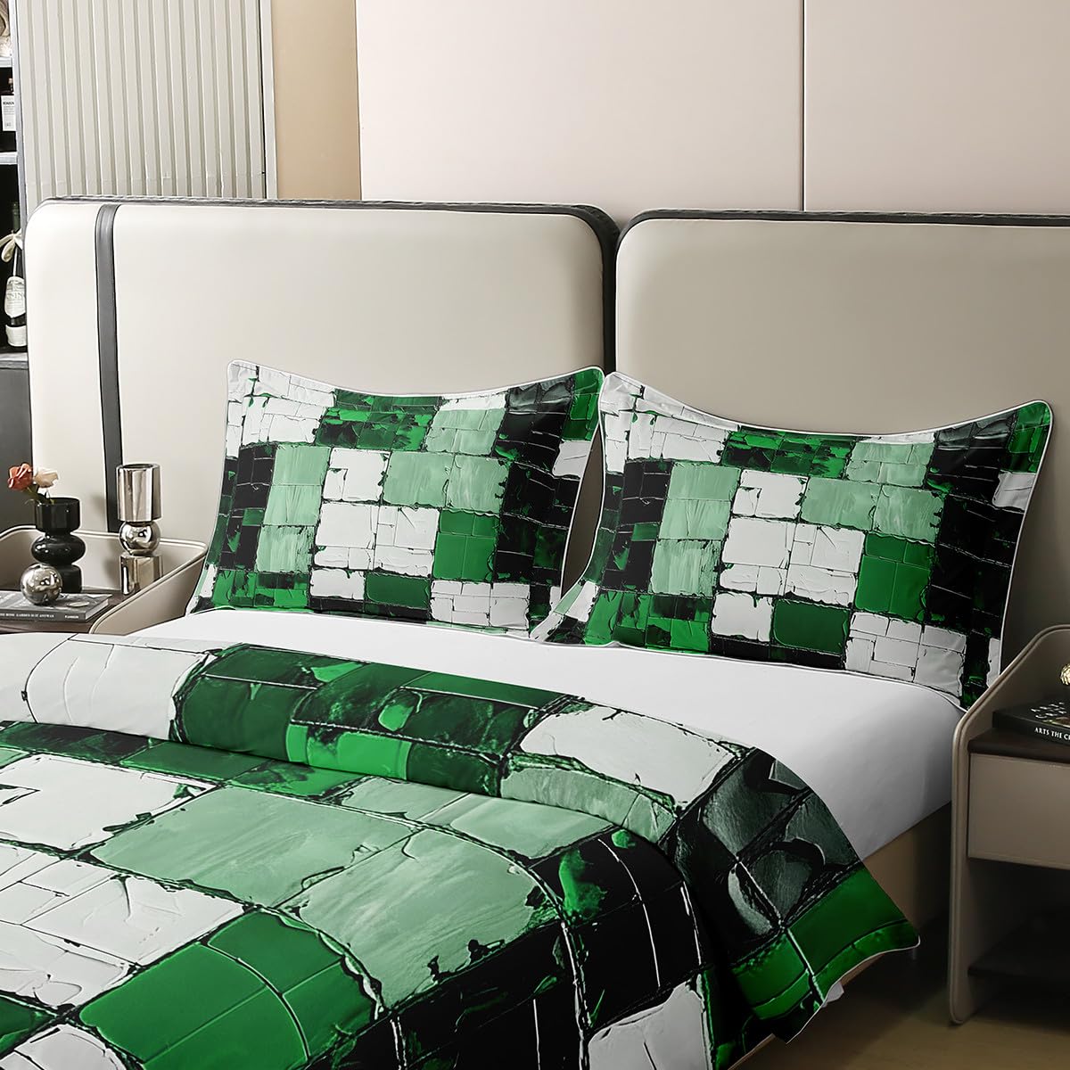 jejeloiu Green Black Abstract Duvet Cover 100% Cotton Geometric Minimalist Square Bedding Set Queen Size for Kids Boys Girls Modern Abstract Art Comforter Cover（No Comforter）