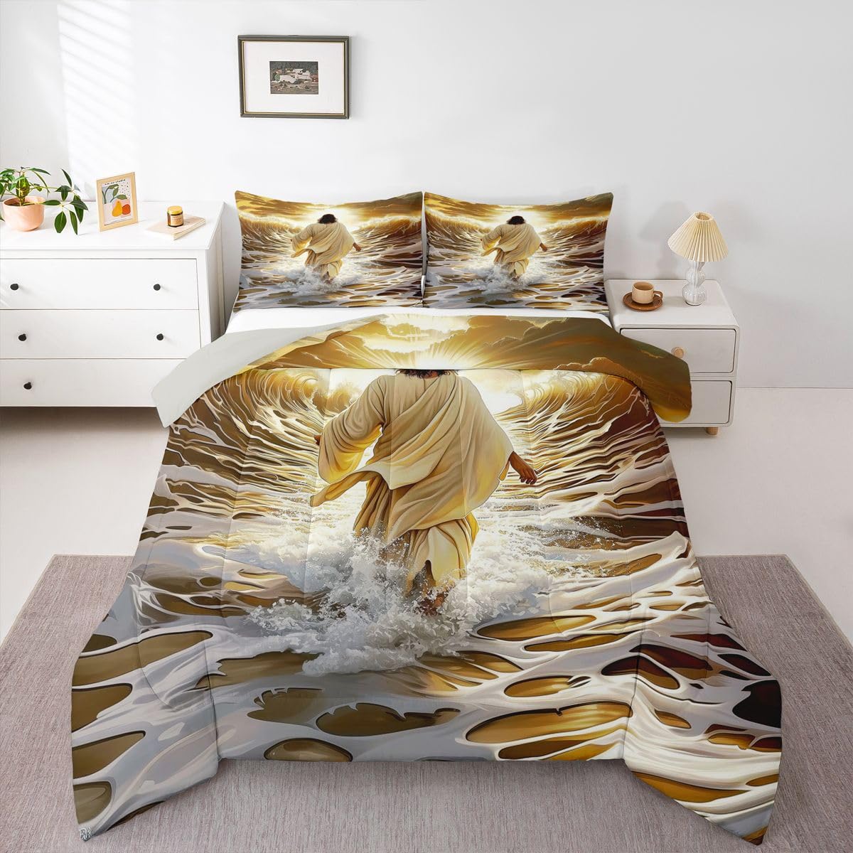 Manfei God Walking on Water Girls Bedding Set Twin Size,Bible Verse Western Faith Comforter Set,Golden Ocean Divine Light Quilt Comforter Girls Boys Teens,Golden Room Decor All Season,1 Pillowcase