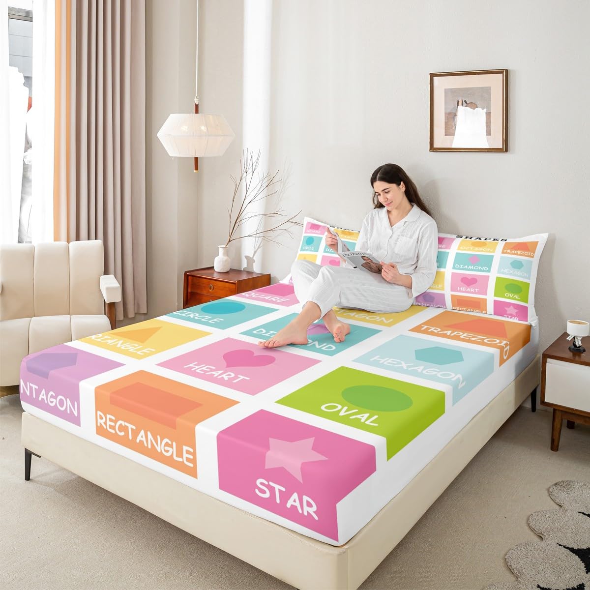 Feelyou Kids Shapes Fitted Sheet Twin Size, Educational Bed Sheet Set Boys Girls Preschool Bedding Set Learning Teens Bedroom Decor Lightweight Bed Set (No Flat Sheet)