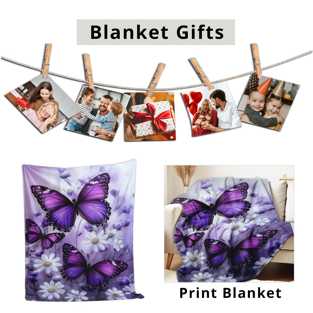 HUNXIAOJ Printed Bed Blanket Purple Butterfly Throws Soft Flannel Blanket Butterfly Gifts for Adults Kids Couch Butterflies Decor for Sofa Bed Office (49"x59")