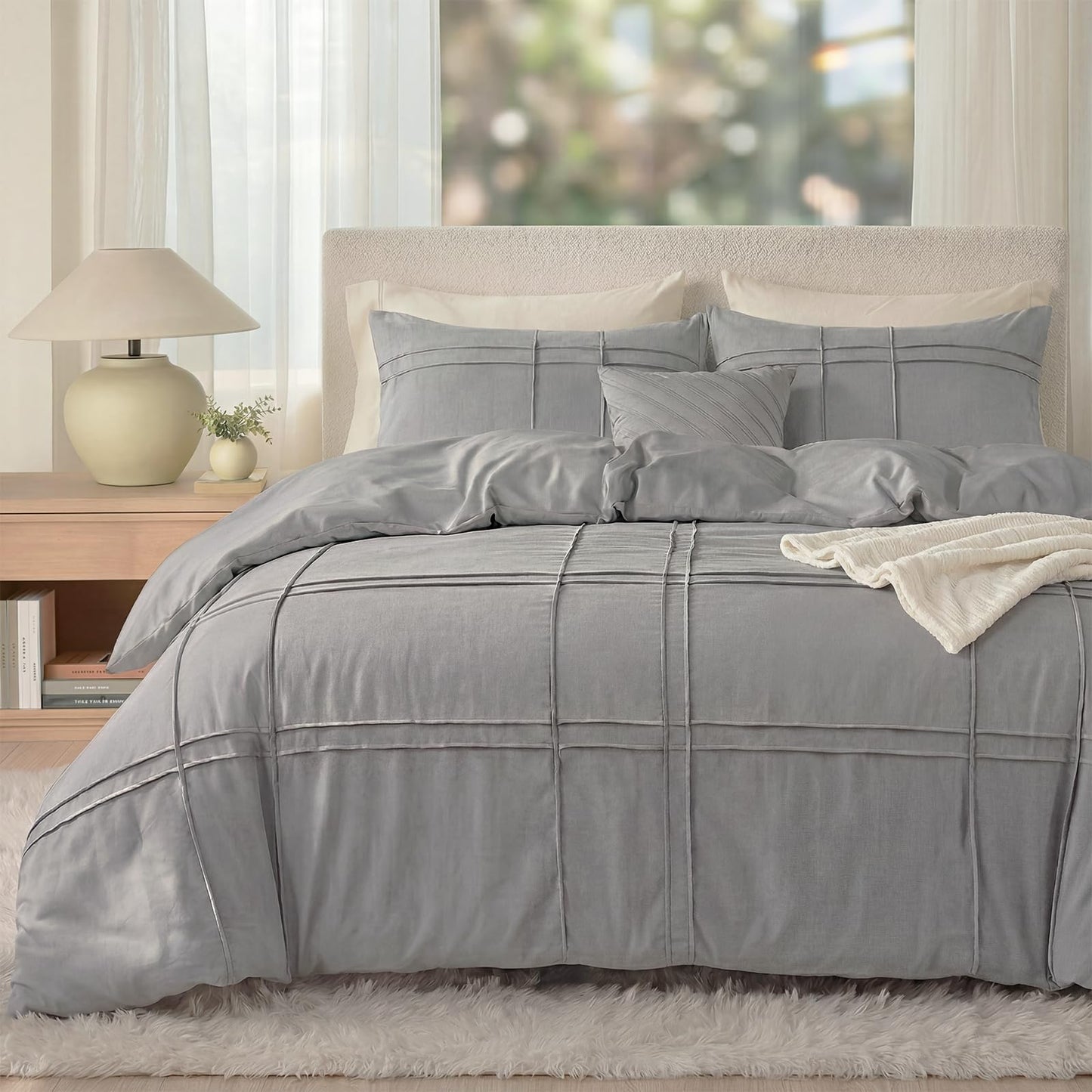 Cozaline 100% Cotton Beige Grey Queen Size Duvet Cover Set - 3 Pieces Pintuck Pleated Duvet Cover, Soft Breathable Duvet Cover with Zipper Closure, Modern Minimalist Bedding Set