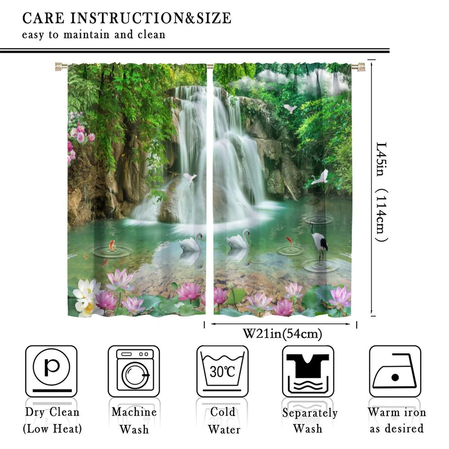 Waterfall Deocr Curtain, Japanese Style Waterfall Mountain Cloud Boat Flower Dreamy Scenes Home Decor Windows Rod Pocket Curtain for Living Room Nursery Boys Girls Bedroom Window Drapes 42" Wx45 L