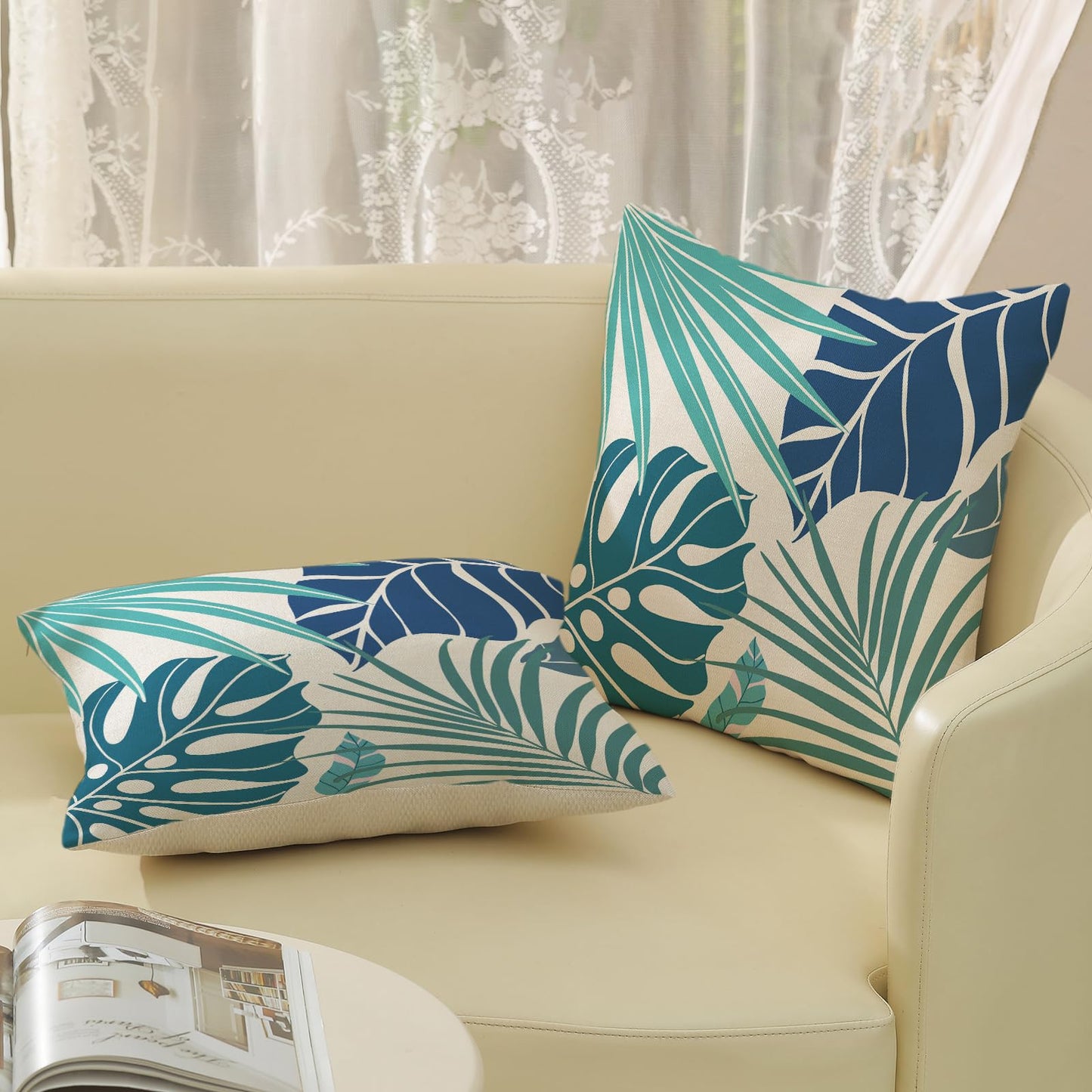 Tropical Pillow Covers 18x18 Set of 2 Navy Blue Aqua Teal Monstera Palm Leaf Pillowcase Summer Decorations Tropical Outdoor Throw Pillows Linen Decor Botanical Plant Cushion Case for Home Bed
