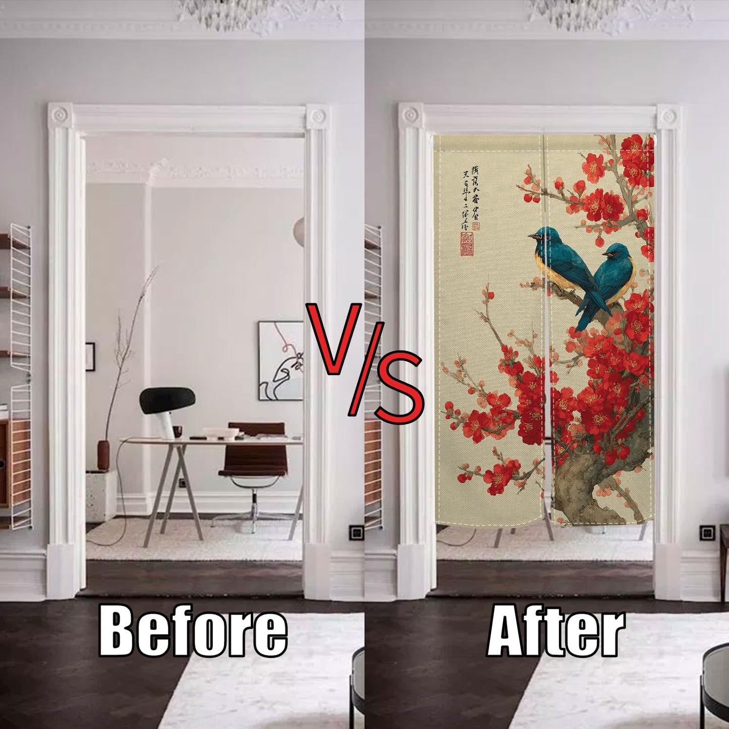 XMJJKUF Japanese Doorway Curtain Noren Long Style Red Cherry Blossom Printed Door Tapestry Window Treatment for Hanging Room Divider Kitchen Door Curtains Japanese Home Decor, 33.5"x 70.9"