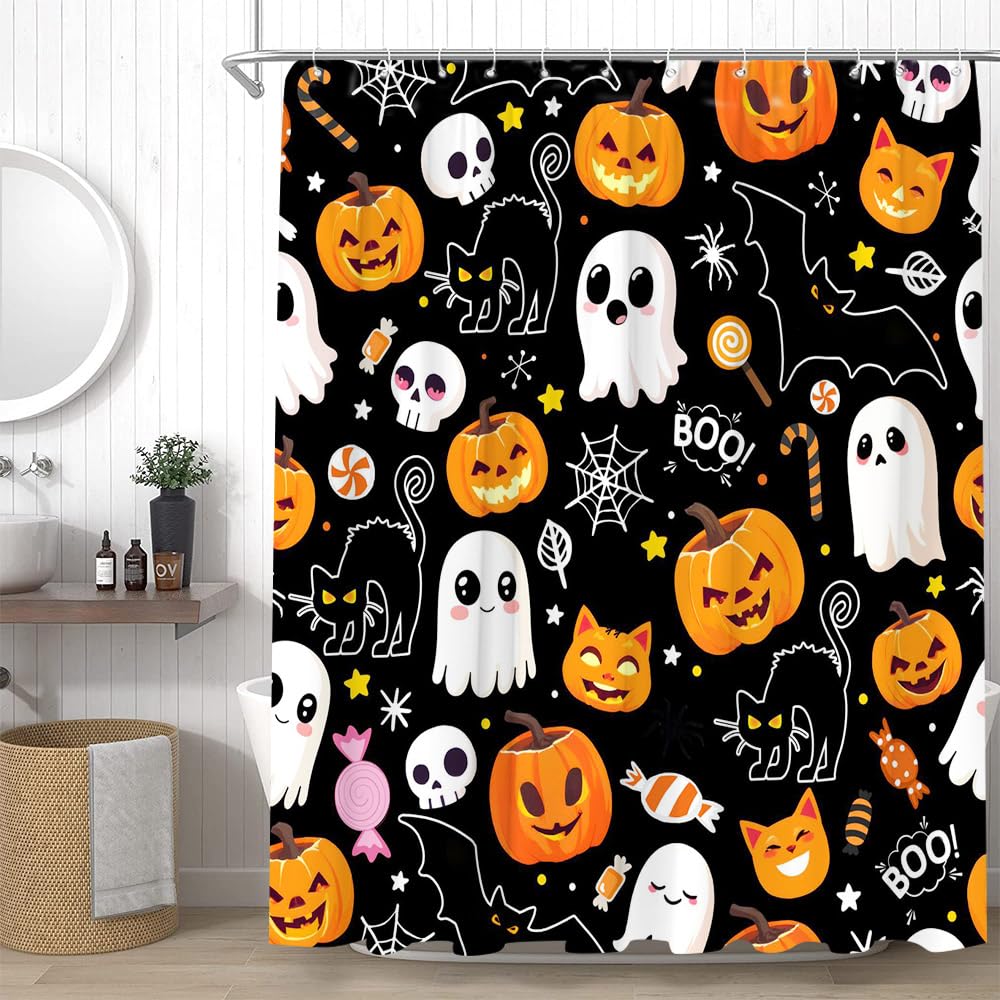 YSSFAV Halloween Ghost Shower Curtain Cute Halloween Spooky Pumpkin Black Cat Bat Spider Bathroom Decor Curtains Set with Hooks, 70" W x 70" H