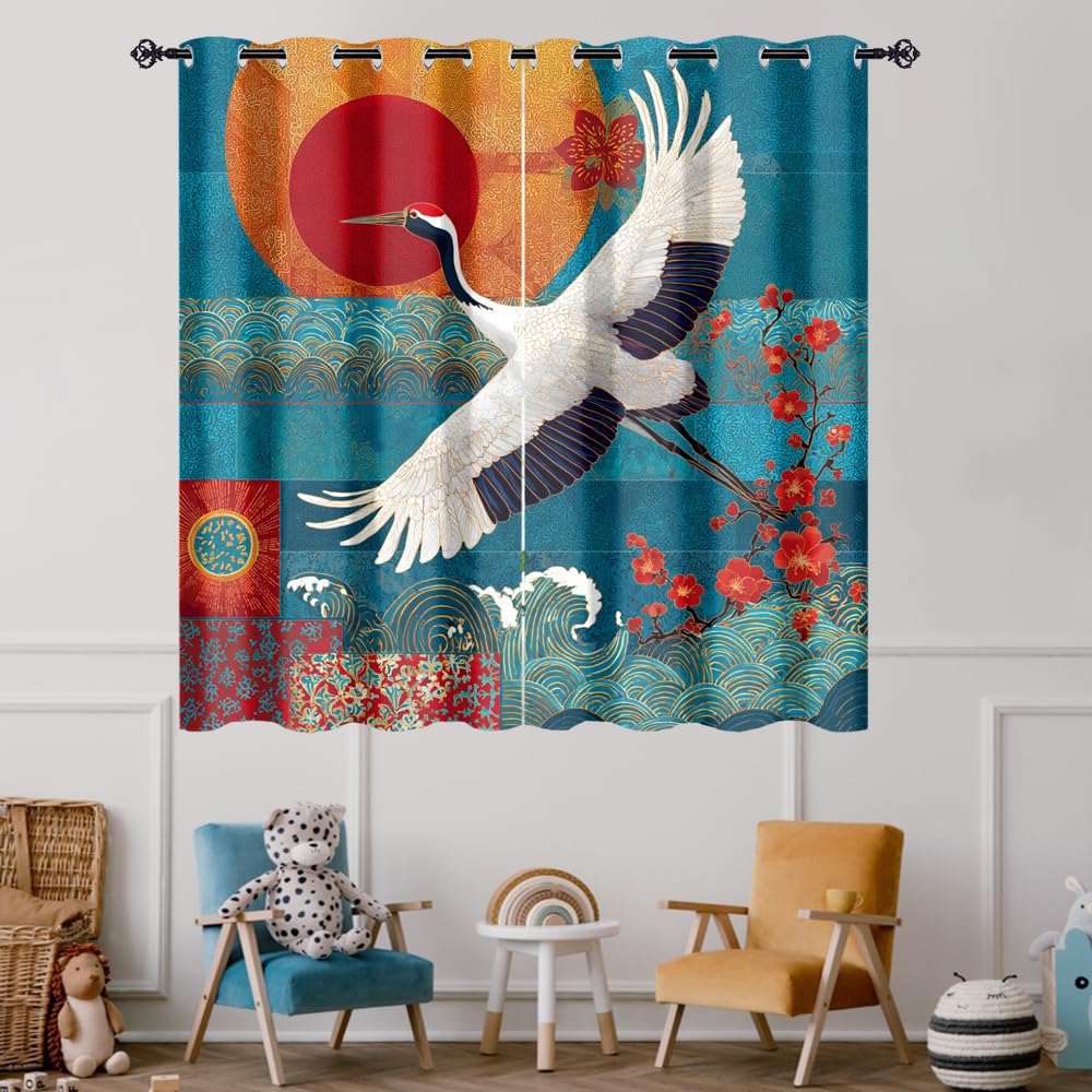 XSUPFLYM Rustic Abstract Japanese Crane Window Perforated Curtains Classic Red Sun Animal Crane Cherry Blossom Great Waves Thermal Curtains Suitable for Bedroom Living Room 2 Panels.Each 21"W x 45"L