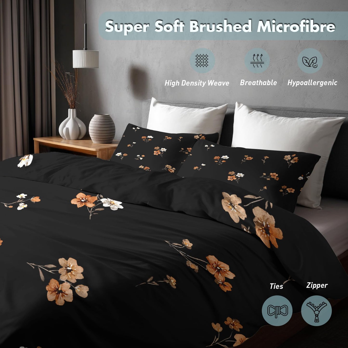 Black Floral King Size Duvet Cover Set 3 Piece, Botanical Flower Reversible Bedding with 2 Pillow Shams, Zipper & Ties, Ultra Soft Microfiber, Floral Bedroom Decorations 51A-I