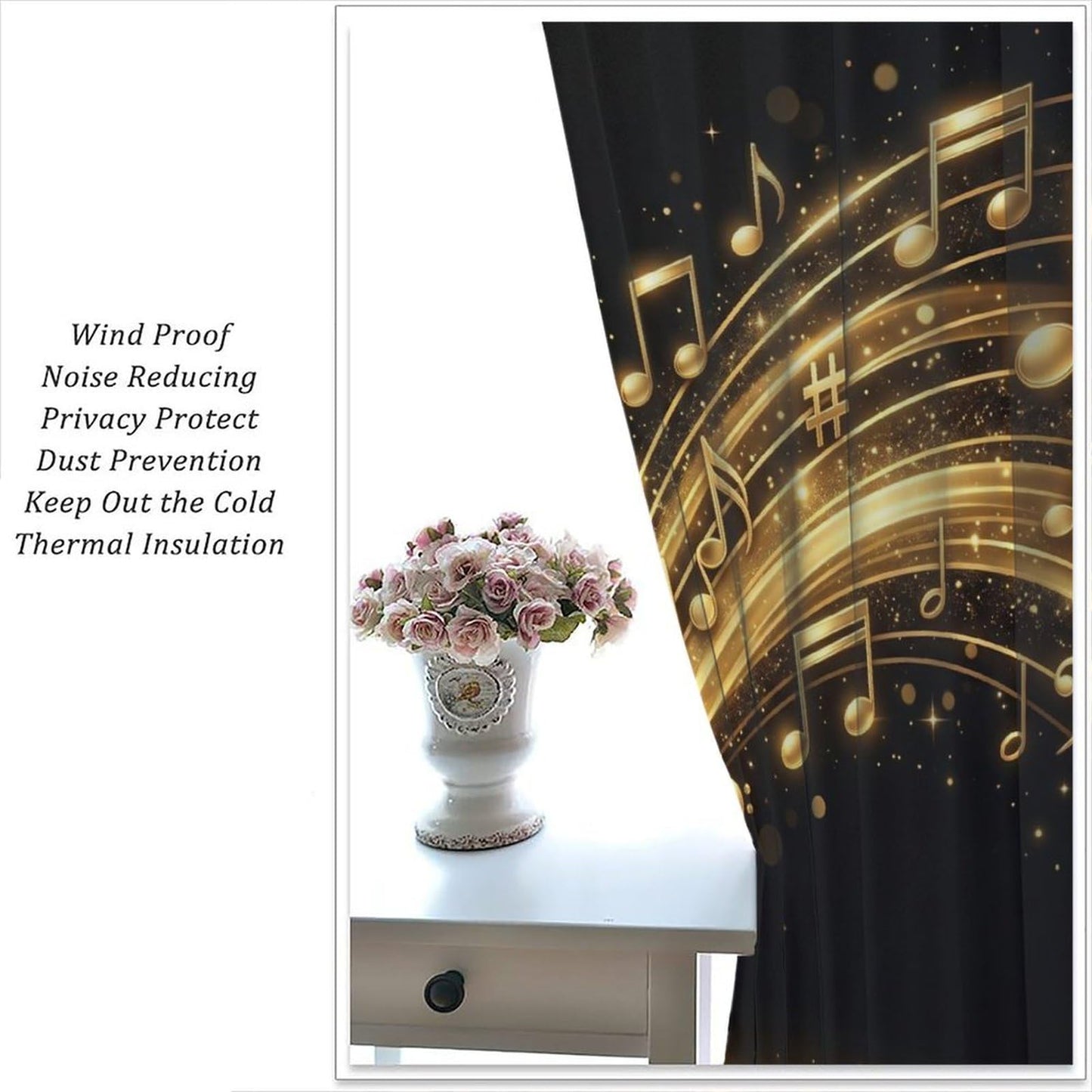 PHTAYOT Piano Key Music Curtains Black Golden Musical Notes Romantic Art Pattern Decor Window Drapes for Bedroom Living Room Home,2 Panels Set,42x45 Inch