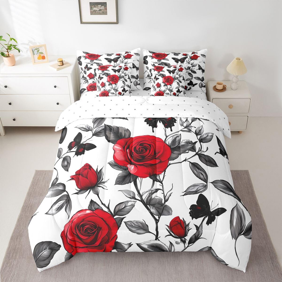 Erosebridal Red Roses Love Full Bedding Set - Romance Hearts Bed in A Bag,Romantic Gifts Comforter Sets with Sheets, Valentines Day 7 Pieces Bed Set Bedroom Decor