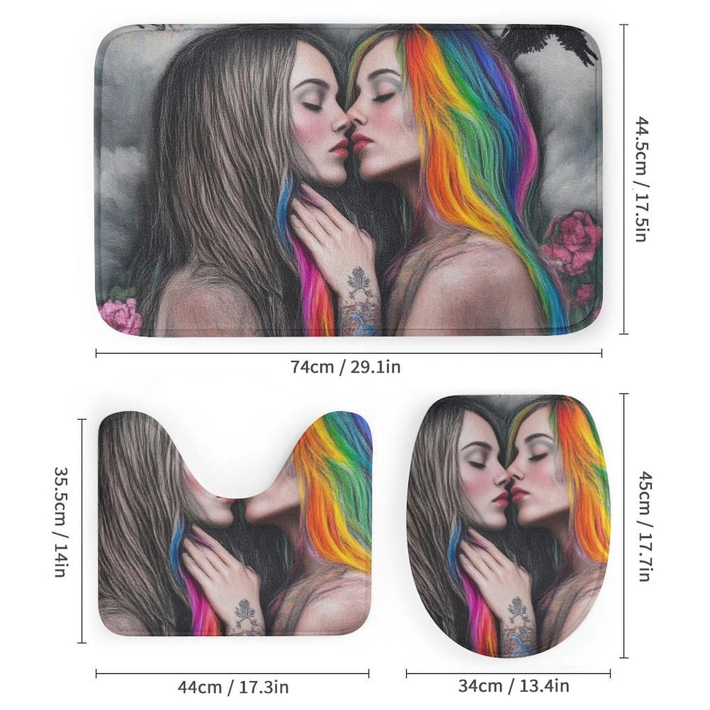 Supdreamc 4 Pc Goth Gothic Girl Lace Love LGBT Lesbian Pride Shower Curtains + Tub Shower Bath Rug Set, Water Repellent Shower Stall Curtain Absorbent Shaggy Rugs
