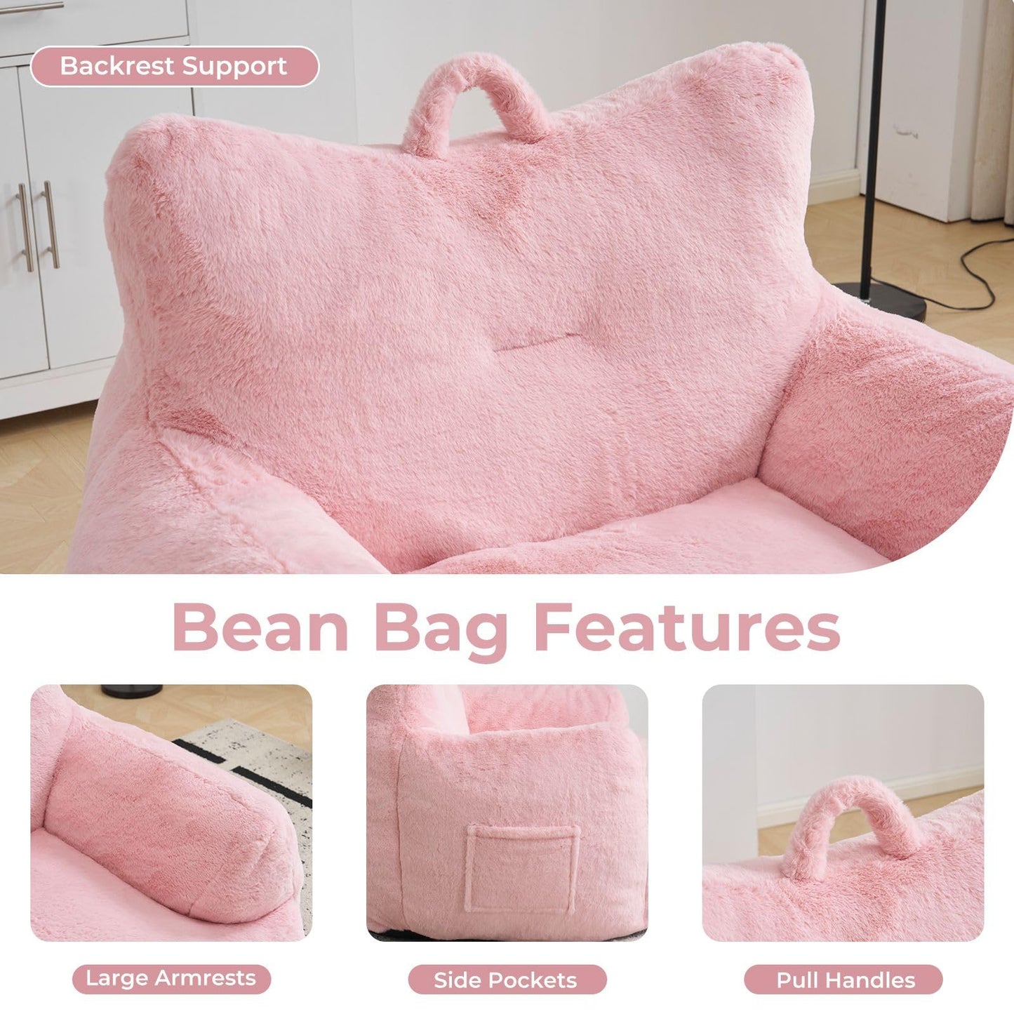 Giant Bean Bag Chair for Adults with Ottoman, Oversized Bean Bag with Filling Plush Fluffy,BeanBag Lazy Sofa Couch with Armrest for Living Room, Stuffed Floor Sofa with Sidepocket for Bedroom, Pink