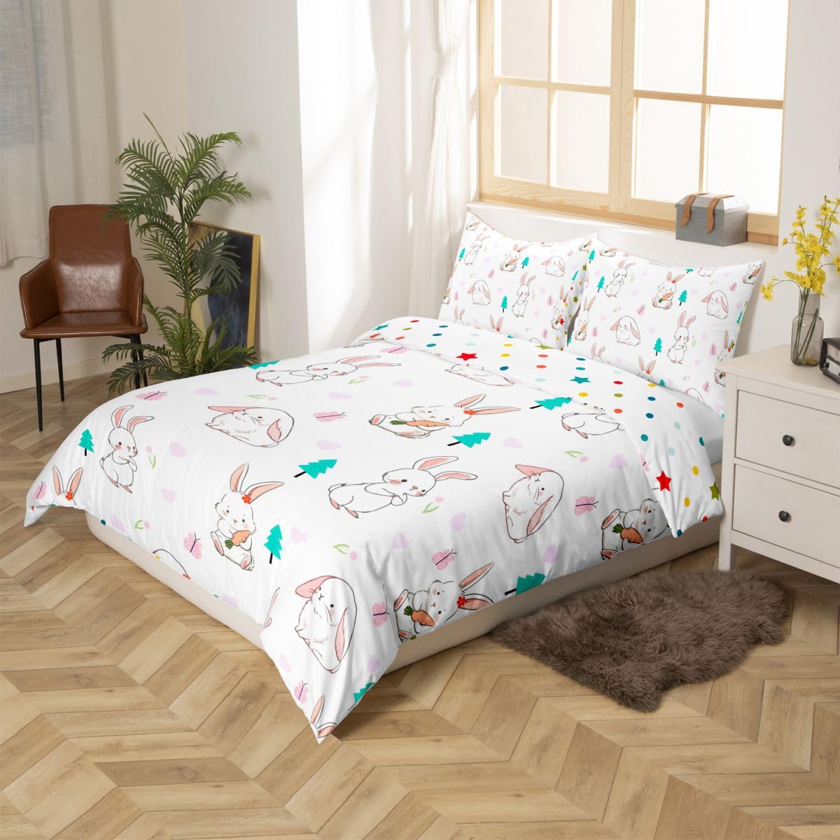 Erosebridal Cartoon Rabbit Duvet Cover Twin Rabbit Carrot Comforter Cover for Kids Teens Heart Pattern Bedding Set Lovely Animal Bed Set