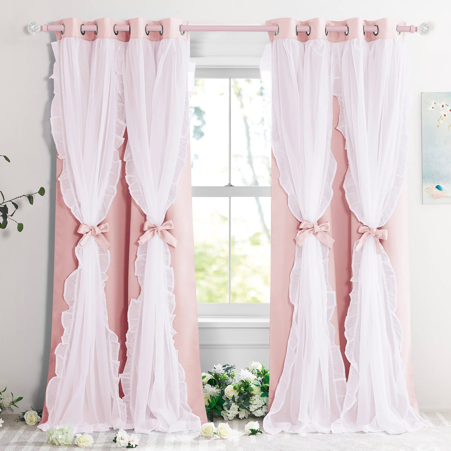PONY DANCE Pink Blackout Curtains for Nursery, Double Layer Bow Curtains with Ruffle Sheer Overlay for Girls Bedroom, Cute Shabby Chic Kids Toddler Room Decor Drapes Coquette Style, 52x84 inch, 2 PCs