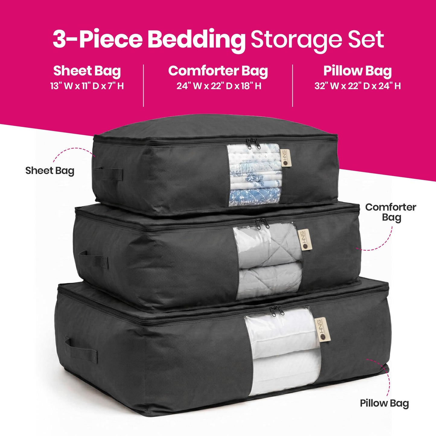Cedar Storage Bag Organizer for Bedding Set - Protects from Moths, Moisture, Dirt & Dust - Set of 3 Storage Bags for Bed Sheets, Comforter, Pillows & More - Space-Saving Bedding Organizer, Black