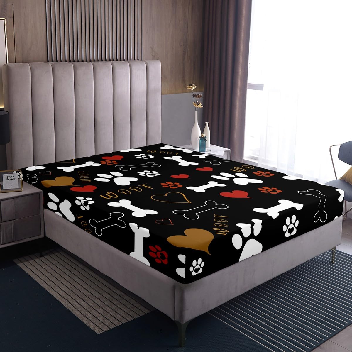 Erosebridal Dog Paw Print Sheet Set Queen Size for Kids Boys Girls,Lovely Animal Theme Bed Sheets White Bone Pattern Fitted Sheet Red Heart Flat Sheet Soft Luxury,Black Home Room Decor 4Pcs