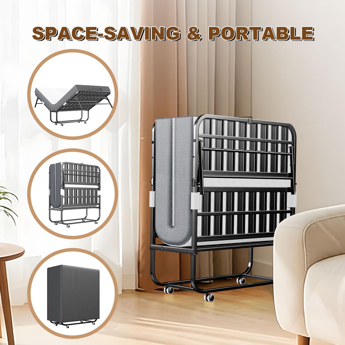 FYYXTEE Folding Bed with Memory Mattress, Twin Portable Roll Away Guest Cot with Wheels, Widened Grid Support Frame for Adults, Space-Saving for Office, Room, Basement, Small Apartment, 75" x 38"