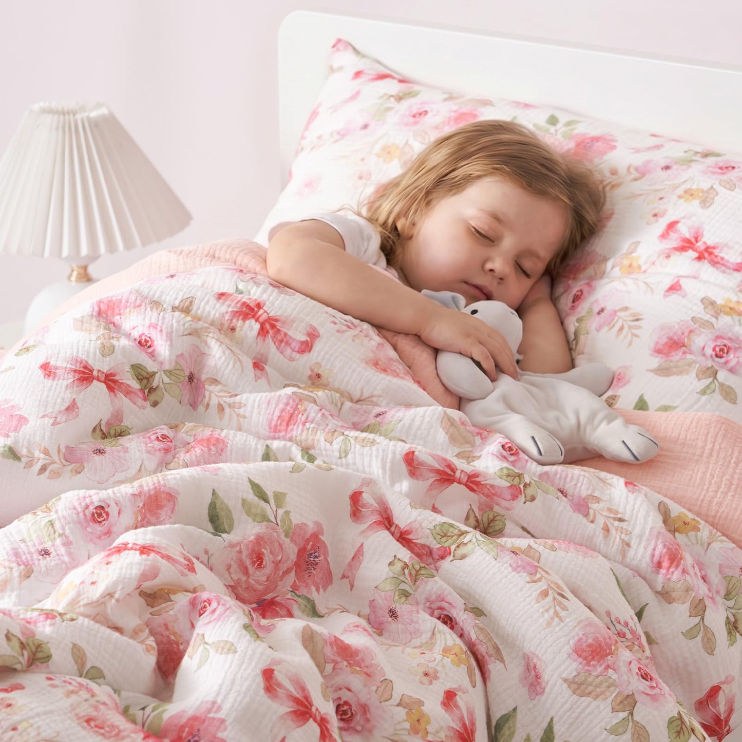 PHF Cotton Muslin Toddler Bedding Set, Soft 3 Piece Toddler Comforter Kids Bed Set, Pink Flower Bow Bedding Set for Girls