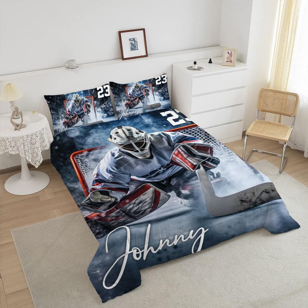 WAZARO Custom Ice Hockey Comforter Set, Personalized Bedding Twin Full Queen King, Hockey Decorations for Boys Room Bedspreads Sport Home Decor (Amazing Ice Goalie)