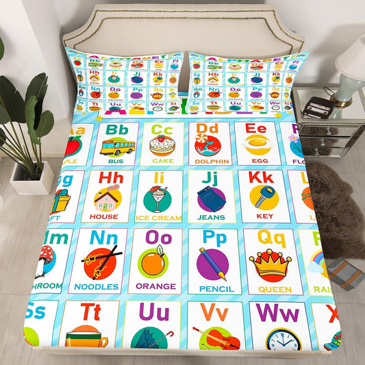 Alphabet Fitted Sheet Twin Size, ABC Alphabet Bedding Set Kids Toddler Learning Time Bed Sheet Set Educational Learning Bed Cover Lightweight Bed Set (No Flat Sheet)