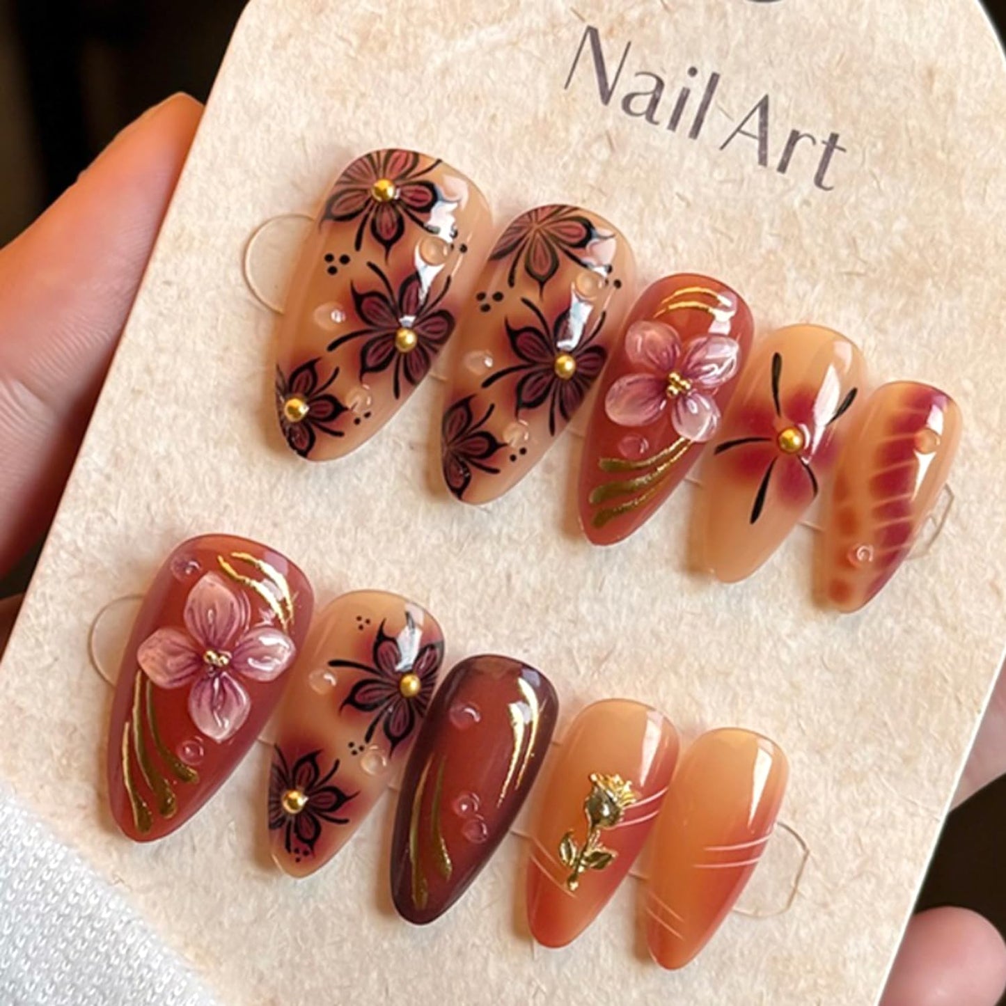 24Pcs Luxury Handmade Nails Kit 3D Flower Almond Press on Nails Medium Almond Brown with 3D Gold Beads Carved Floral Nails Designs Reusable Acrylic False Nails for Women