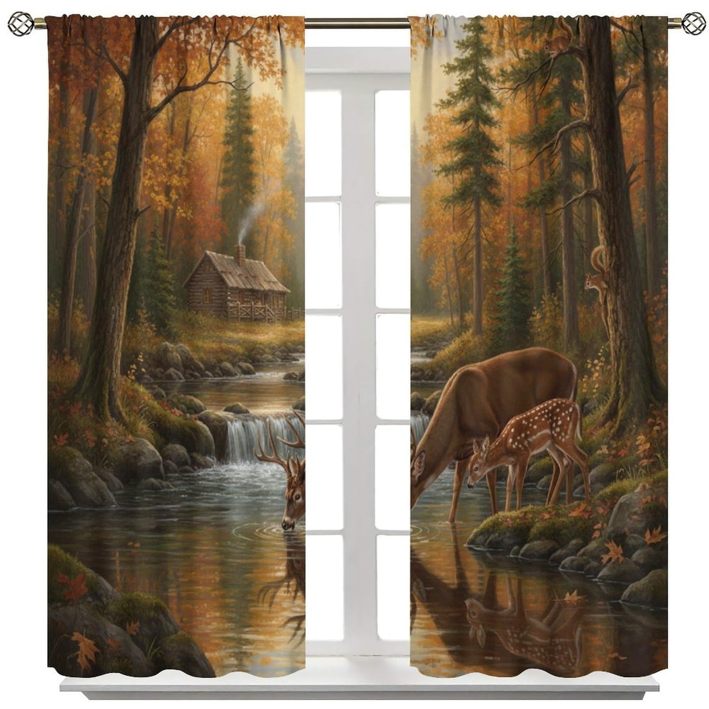PHTAYOT Rustic Cabin Deer Curtains Farmhouse Country Farm Forest Wildlife Deer Pattern Decor Window Drapes for Bedroom Living Room,2 Panels Set,42x45 Inch