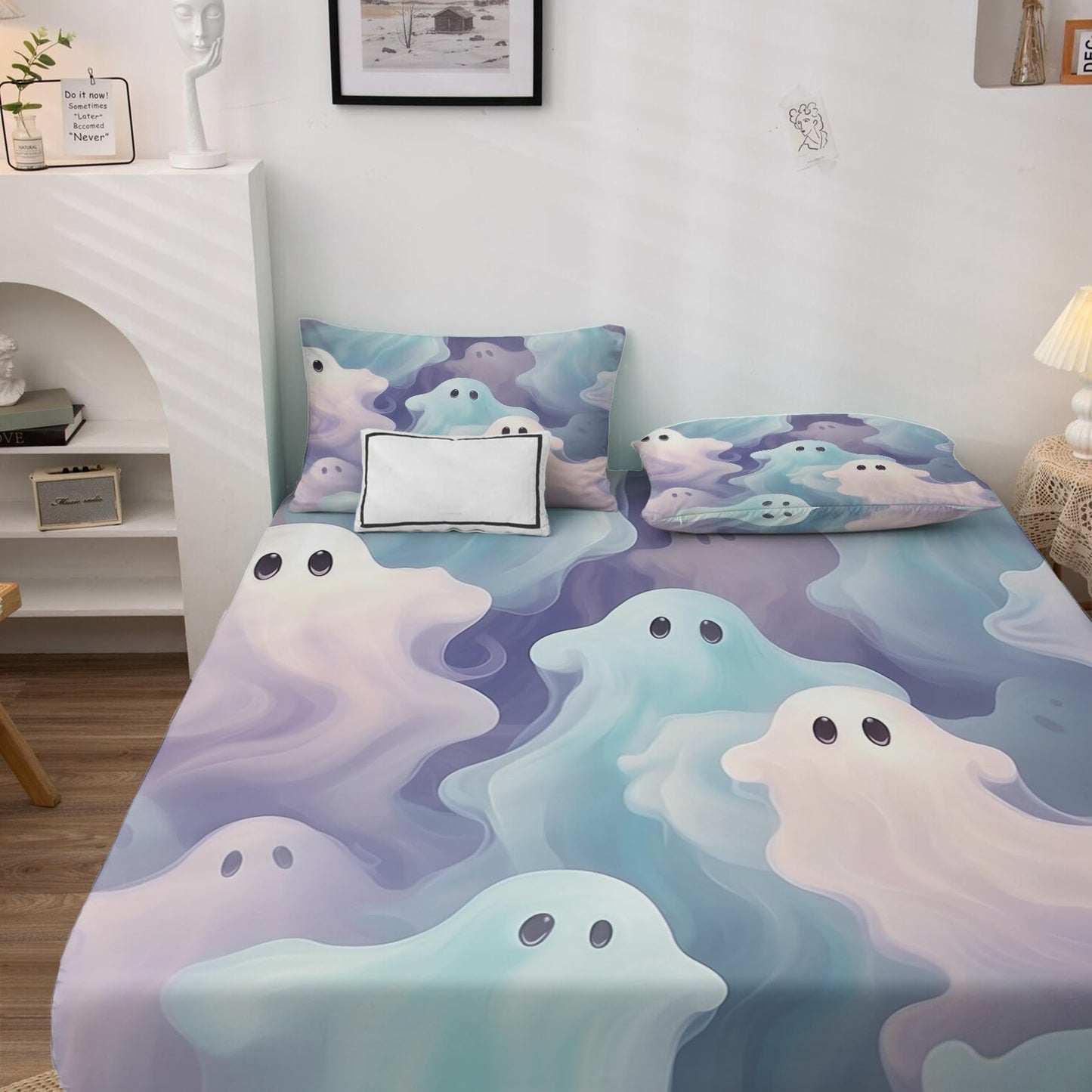 Rejkxyw King Size Sheets Set Cute Ghost - Cartoon Bed Sheets - Kids Boys Girls Sheet Set - 12 Inch Deep Pocket - Ultra Soft Winkle Free Microfiber Bedding Sheets & Pillowcases 4 Piece
