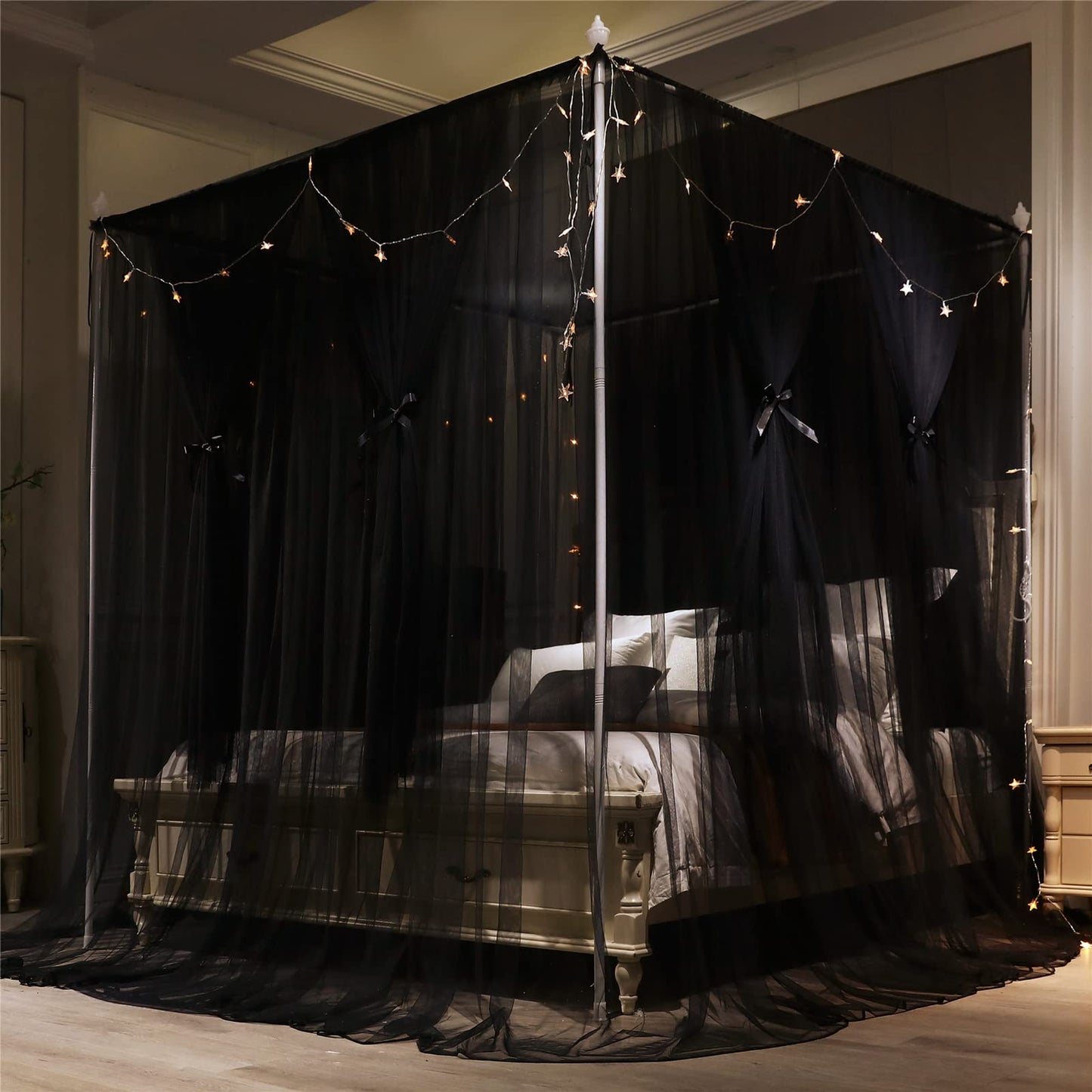 VETHIN 4 Corners Post Princess Bed Canopy Curtain Double Layer Cozy Drape Netting 4 Opening Mosquito Net for Girls & Adults Bedroom Decoration Accessories (Double Black, 78" W*86" L*82"*H/(King))