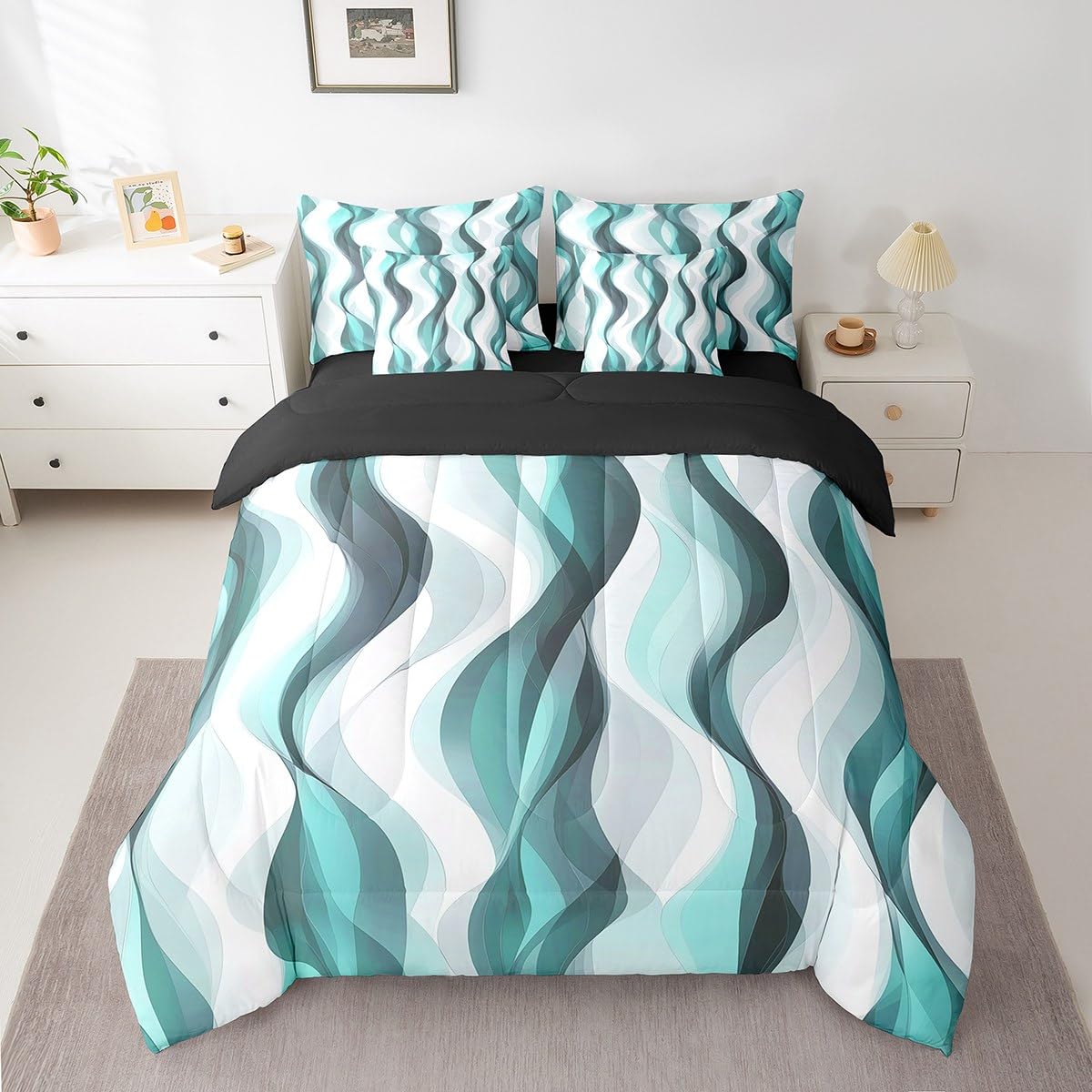 Erosebridal 7Pcs Teal Geometric Lines Queen Comforter Set,Turquoise Striped Bed in A Bag for Minimalist Women Men Adults,Modern Aesthetics Art Quilt,Contemporary Gradient Ombre Lines Quilt