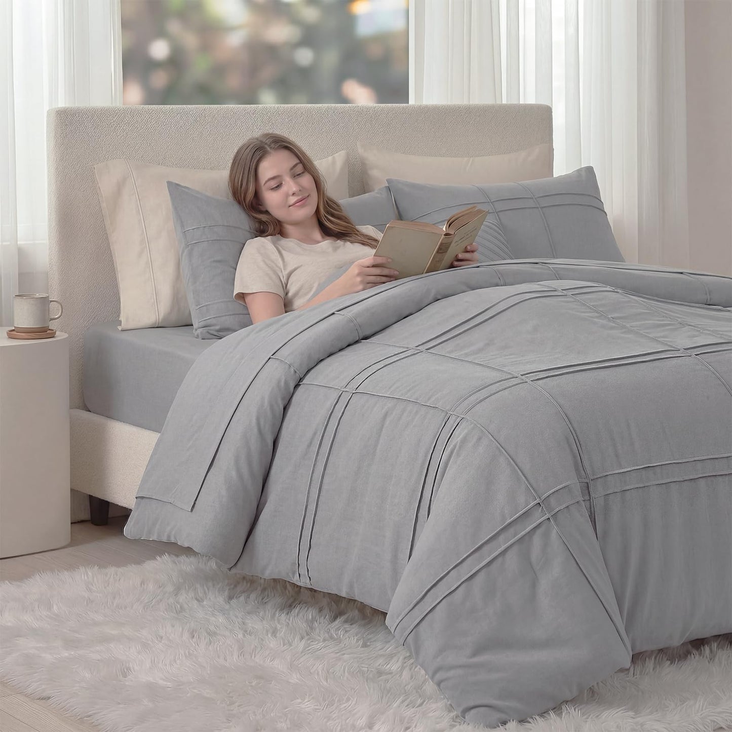 Cozaline 100% Cotton Beige Grey Queen Size Duvet Cover Set - 3 Pieces Pintuck Pleated Duvet Cover, Soft Breathable Duvet Cover with Zipper Closure, Modern Minimalist Bedding Set