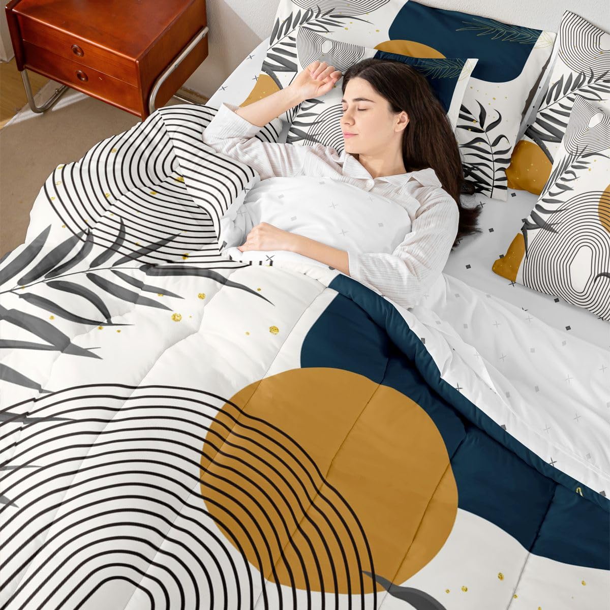 Erosebridal Boho Mid Century Full 7 Pcs Bedding Set, Contemporary Bohemian Minimalist Comforter Set with Sheets, Abstract Geometric Bed in A Bag, Sage Tropical Palm Leaves Retro Elegant Zen Bed Sets