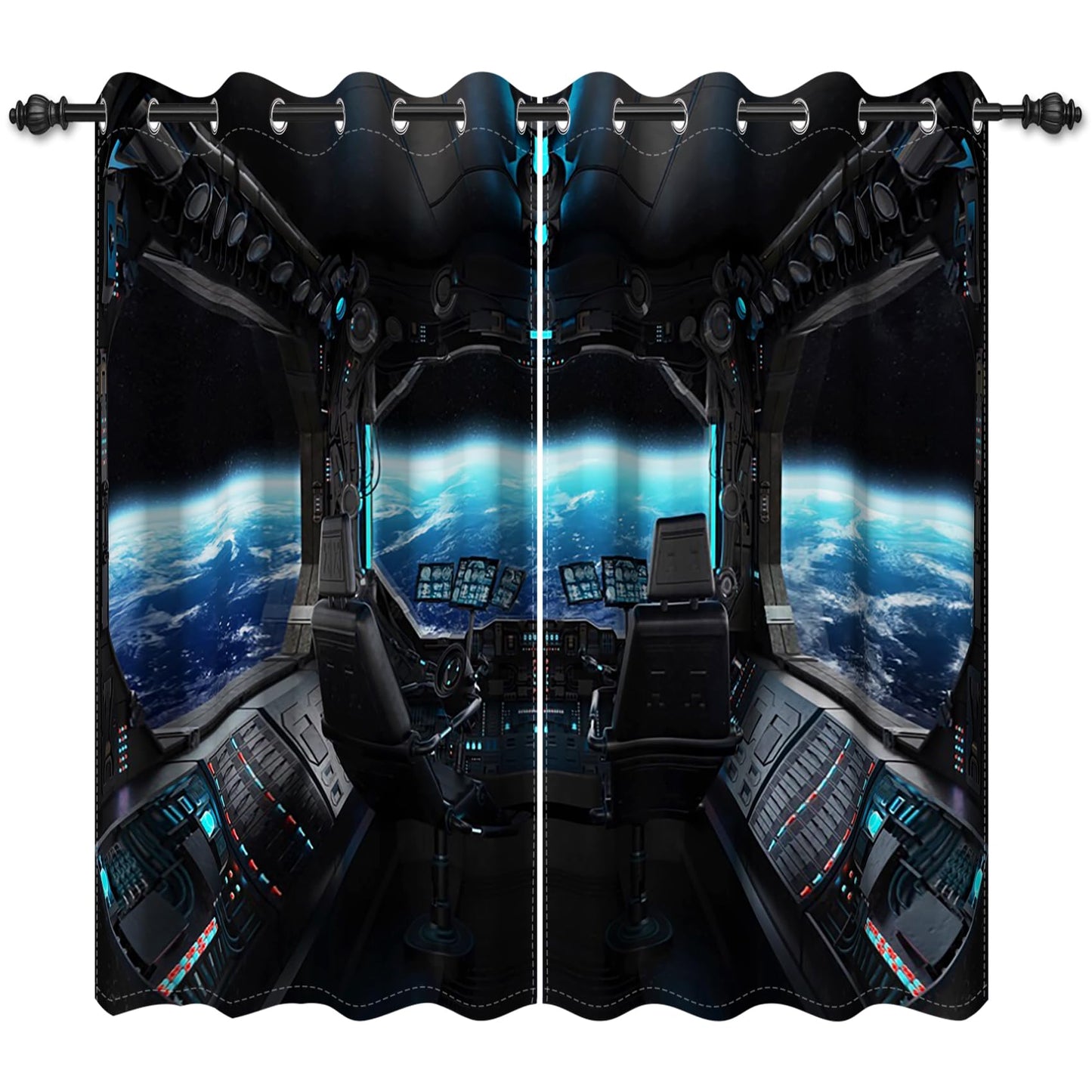 Renaiss Spacecraft Interior Window Curtains Futuristic Spaceship Cockpit Window Treatments Outer Space Earth View Blackout Drapes for Bedroom Living Room French Door Decor 42x84 Inches x 2 Panels