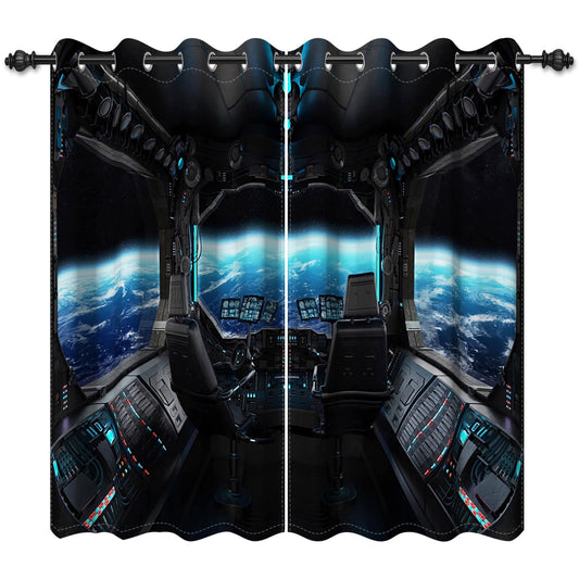 Renaiss Spacecraft Interior Window Curtains Futuristic Spaceship Cockpit Window Treatments Outer Space Earth View Blackout Drapes for Bedroom Living Room French Door Decor 42x84 Inches x 2 Panels